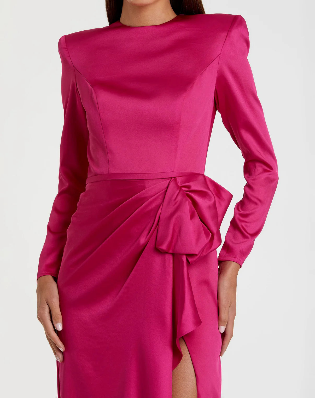 Elegant Pink Long-Sleeve Ruched Gown with Structured Bow