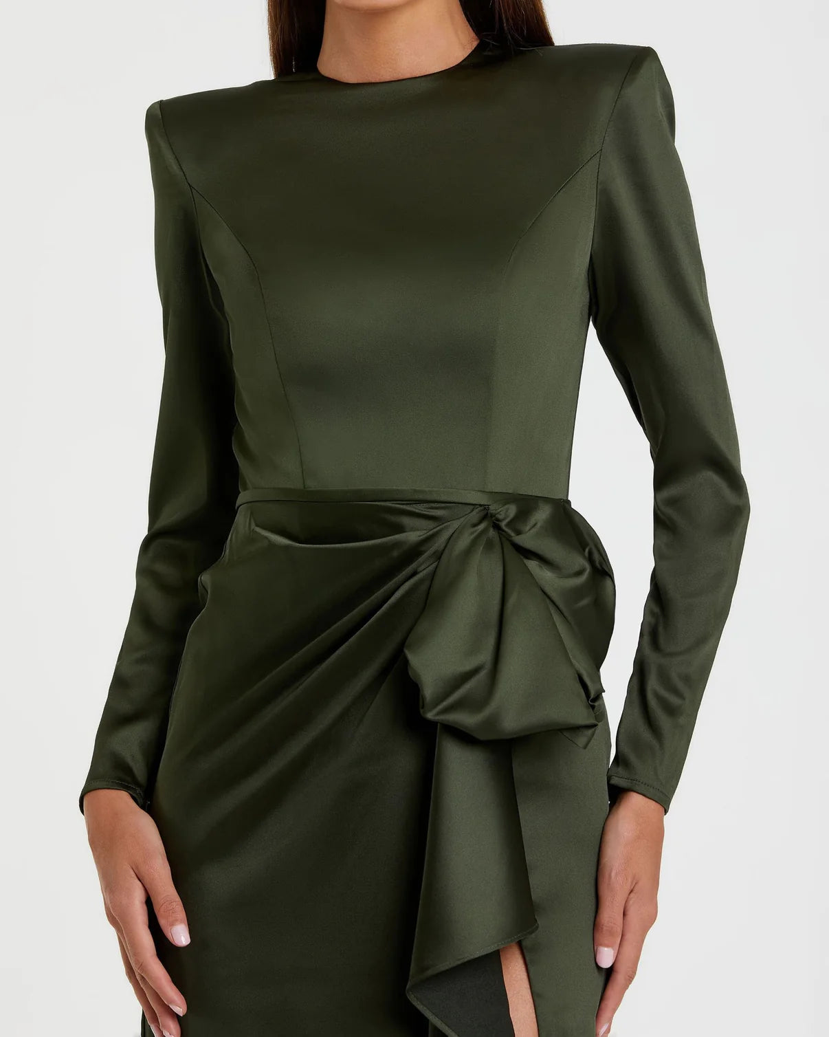 Elegant Dark Green Long-Sleeve Ruched Gown with Structured Bow