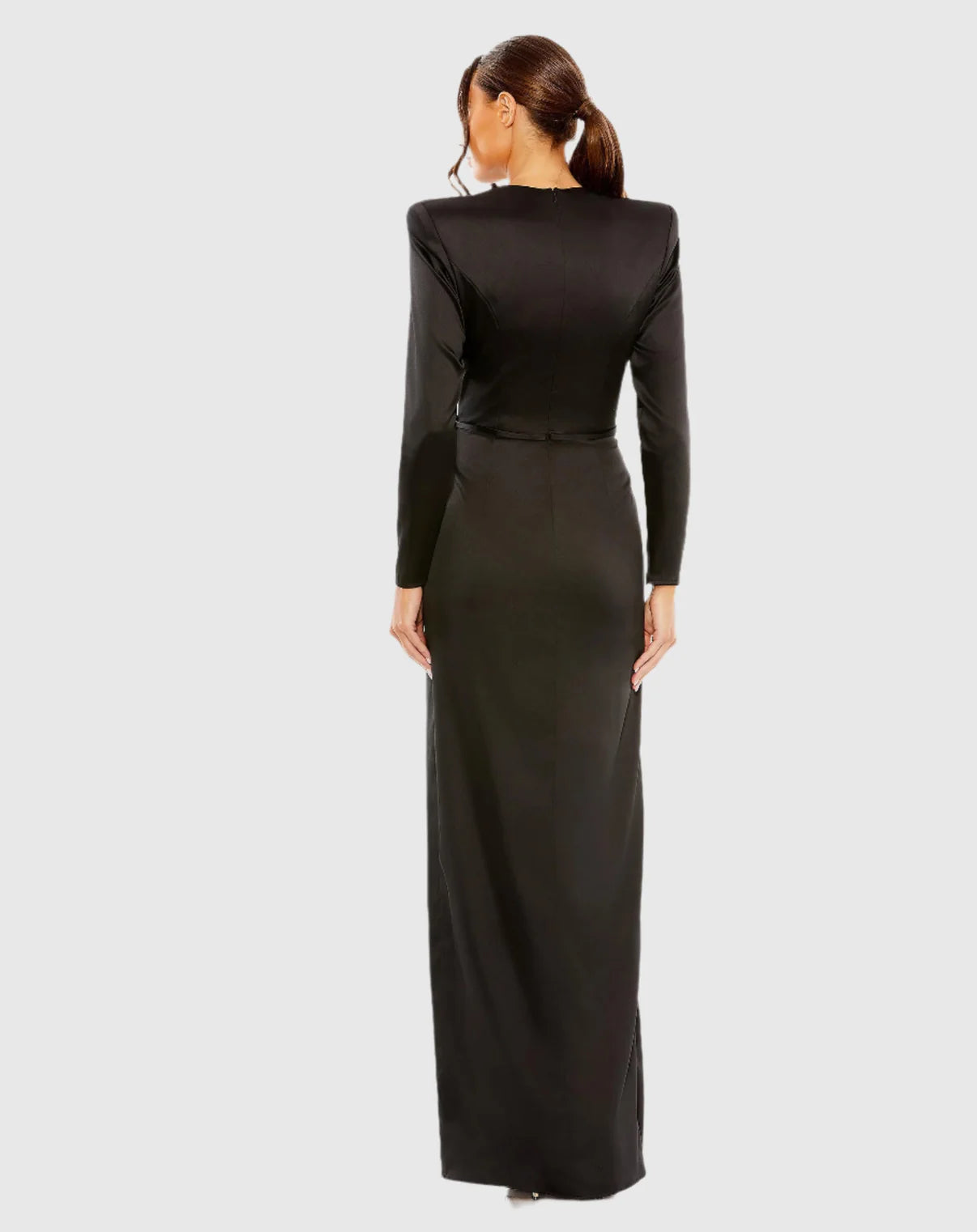 Elegant Black Long-Sleeve Ruched Gown with Structured Bow