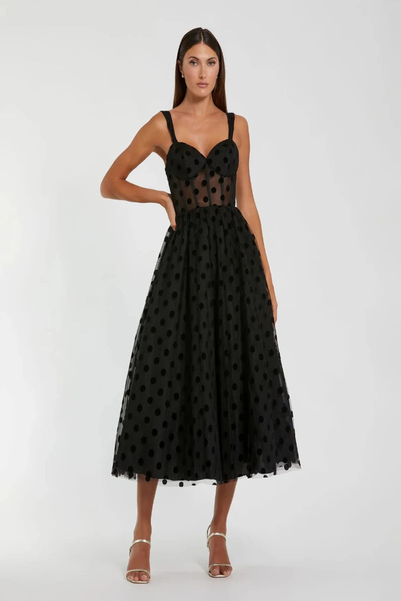 Spiral Dot Net Bustier Midi Dress Black