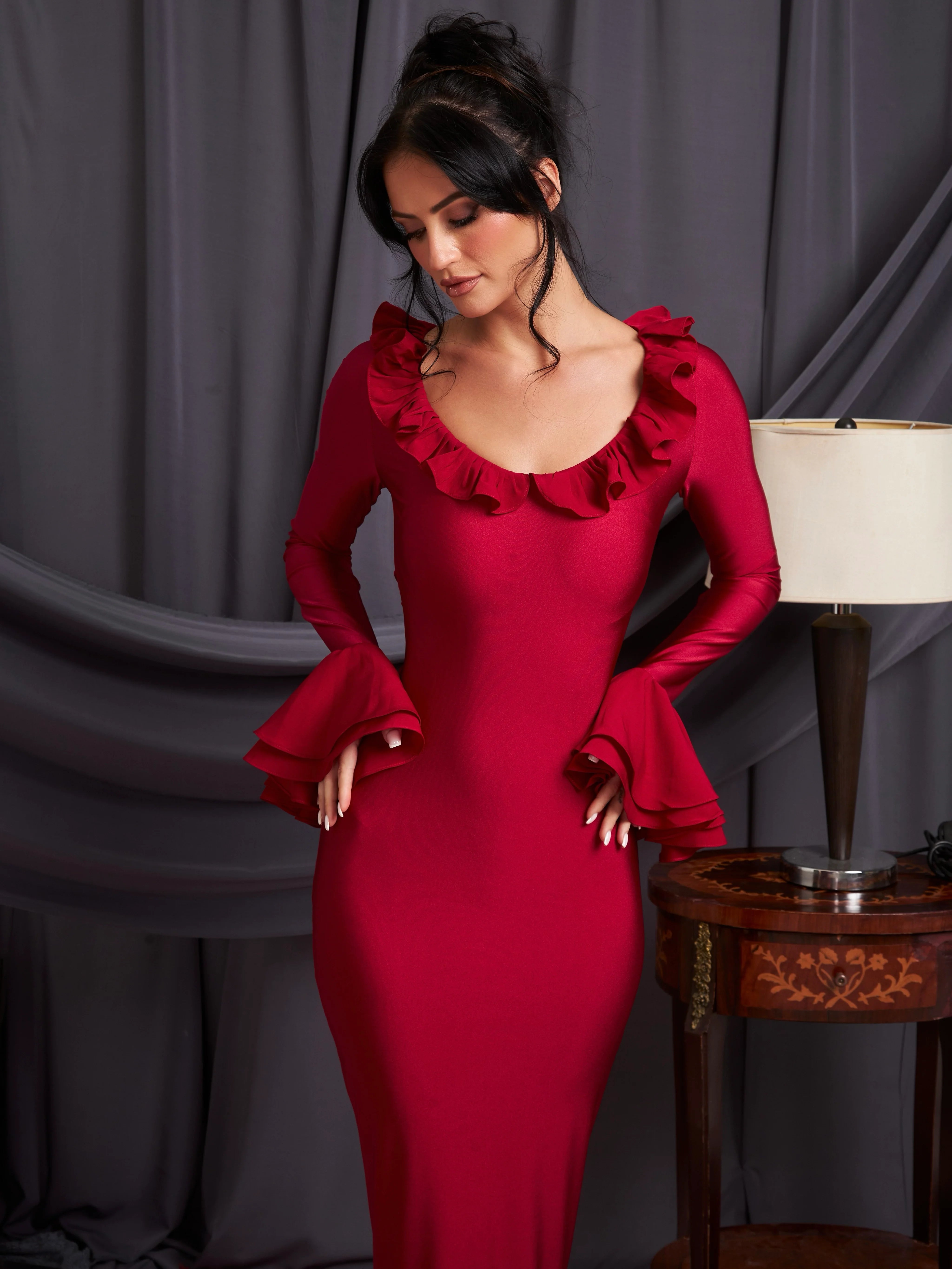 La Cascade Bell Sleeve Dress Cherry