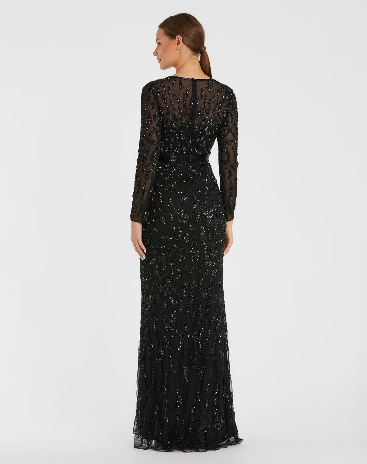 0RNAMENTED SPARKLE LONG-SLEEVE EVENING GOWN BLACK