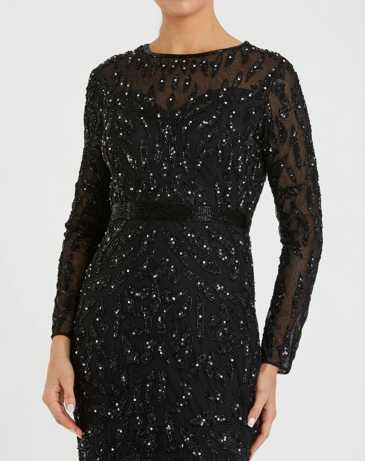 0RNAMENTED SPARKLE LONG-SLEEVE EVENING GOWN BLACK