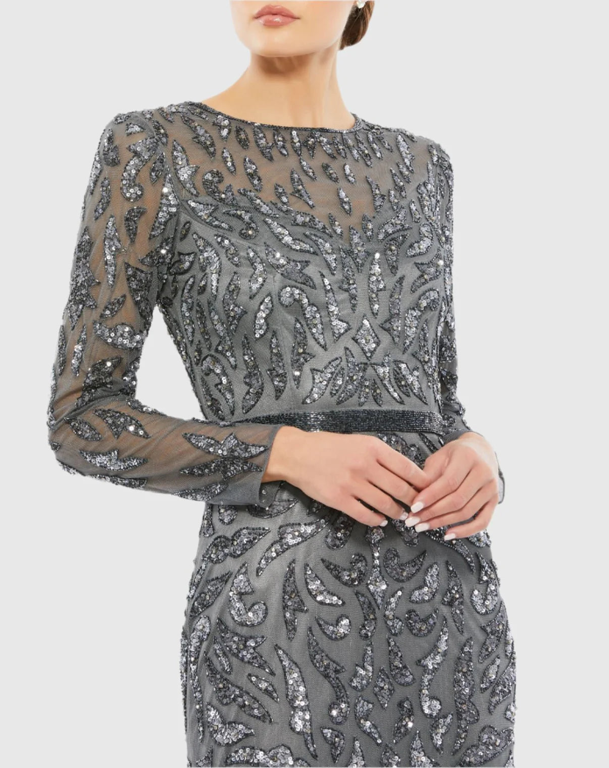 0RNAMENTED SPARKLE LONG-SLEEVE EVENING GOWN DARK GRAY