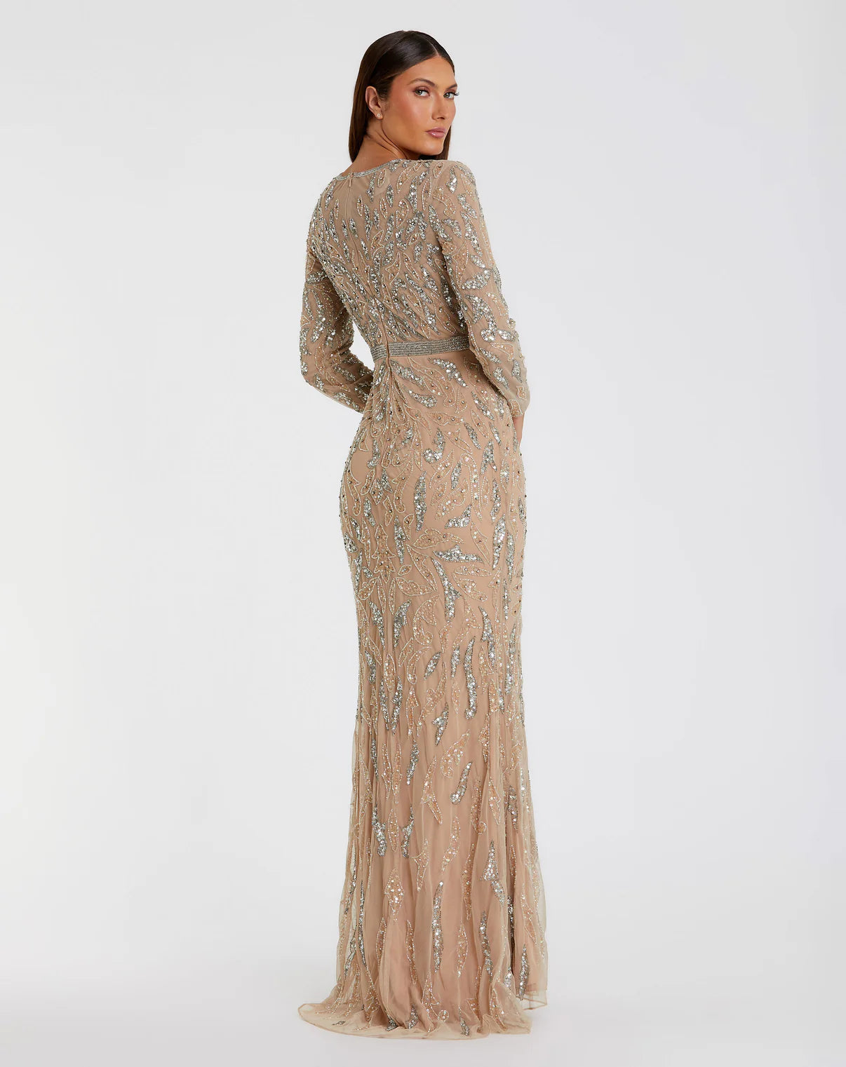 0RNAMENTED SPARKLE LONG-SLEEVE EVENING GOWN BEIGE