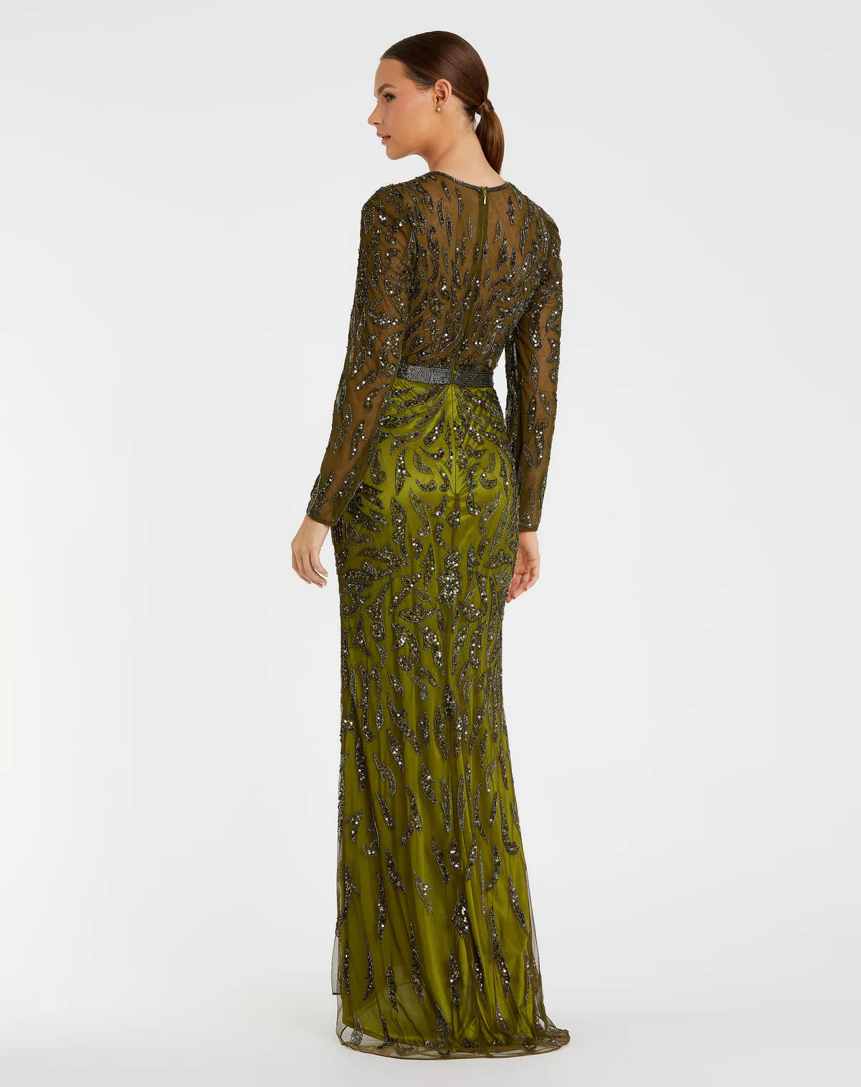 0RNAMENTED SPARKLE LONG-SLEEVE EVENING GOWN GREEN