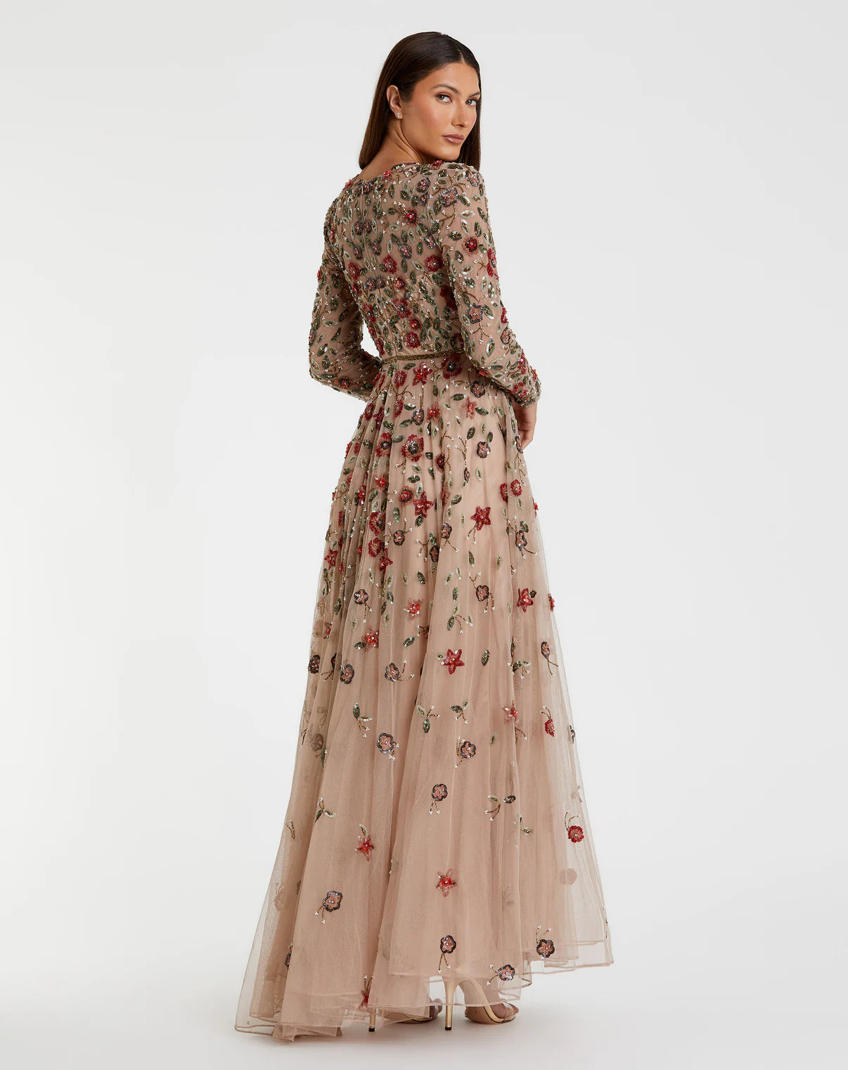 Elegant Beige Embellished A-Line Gown With Long Sleeves