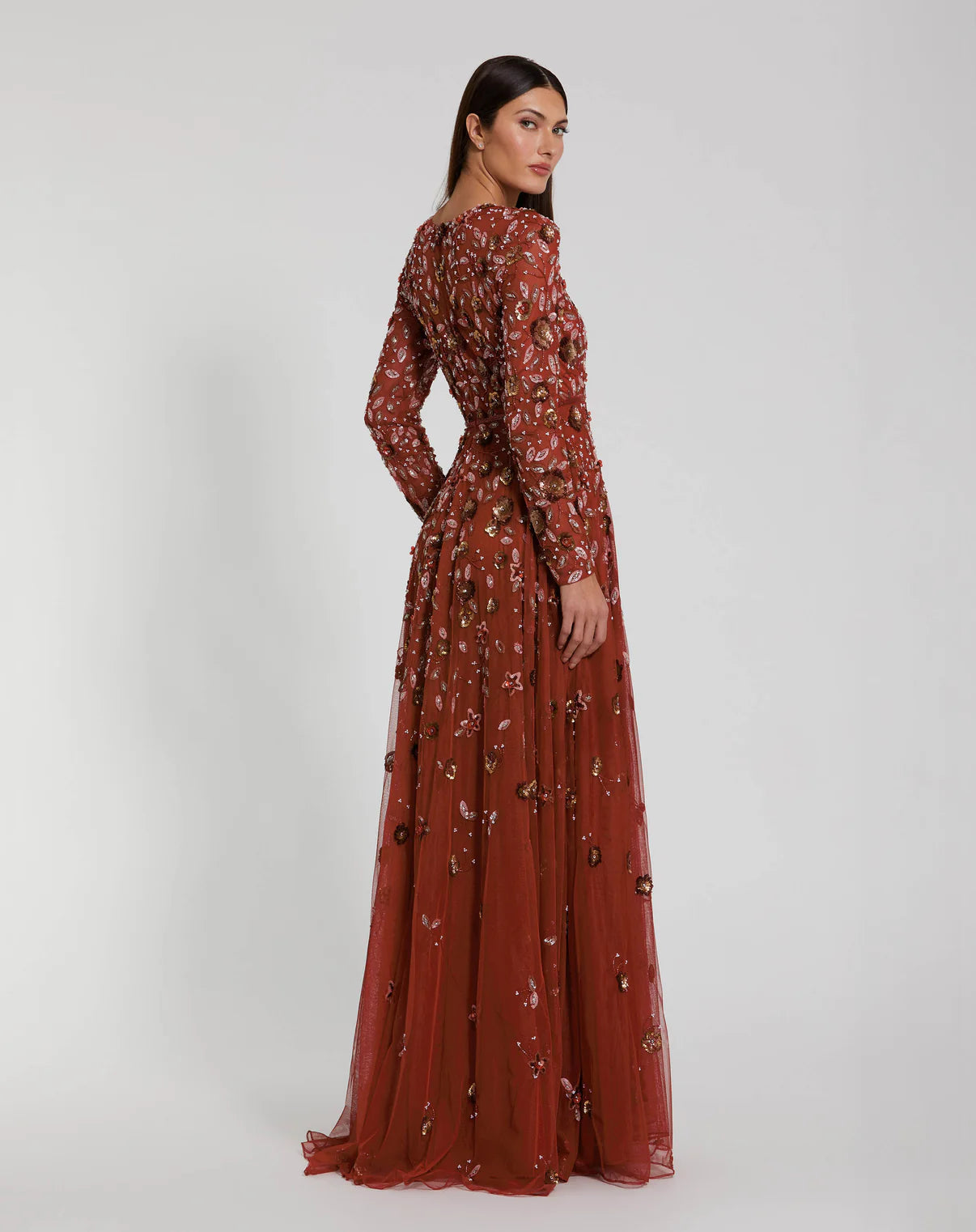 Rich Dark Orange Embellished A-Line Gown With Long Sleeves