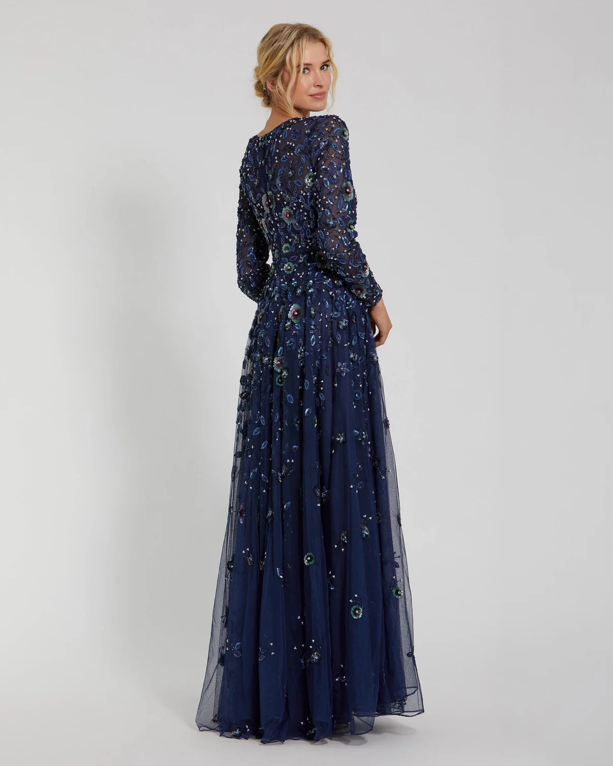 Ornamented High Neck Long Sleeve A Line Gown Navy