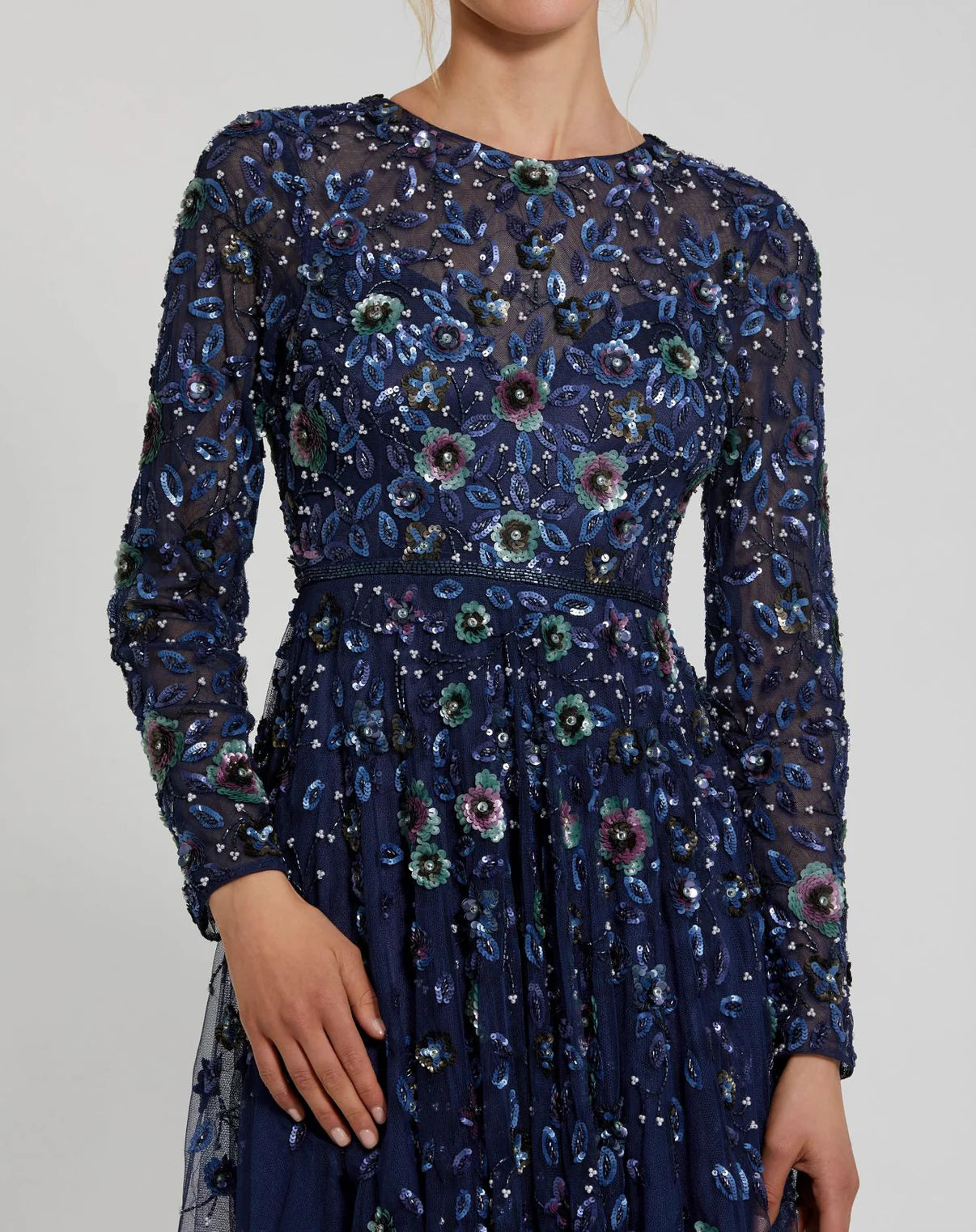 Ornamented High Neck Long Sleeve A Line Gown Navy