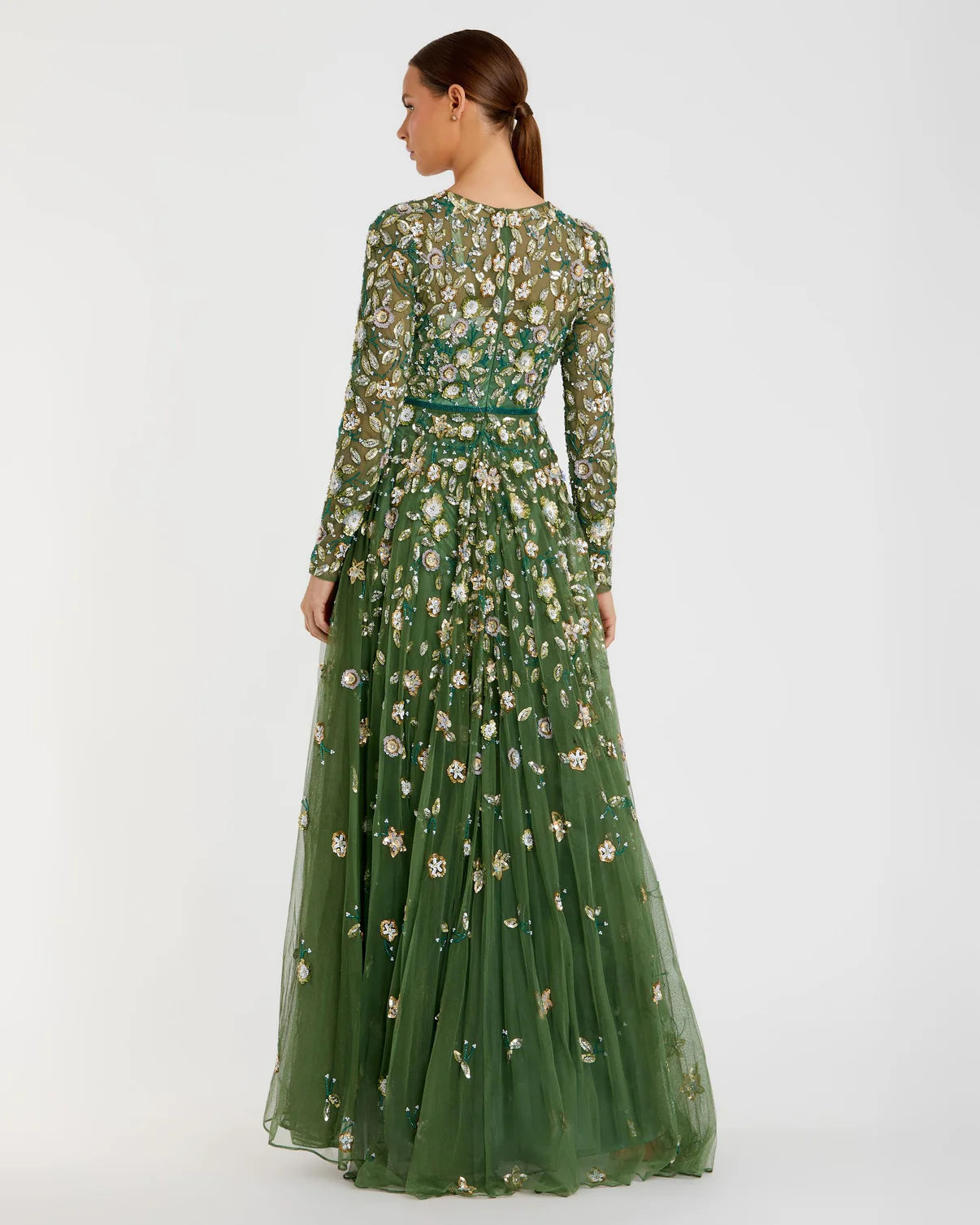 Ornamented High Neck Long Sleeve Gown Green