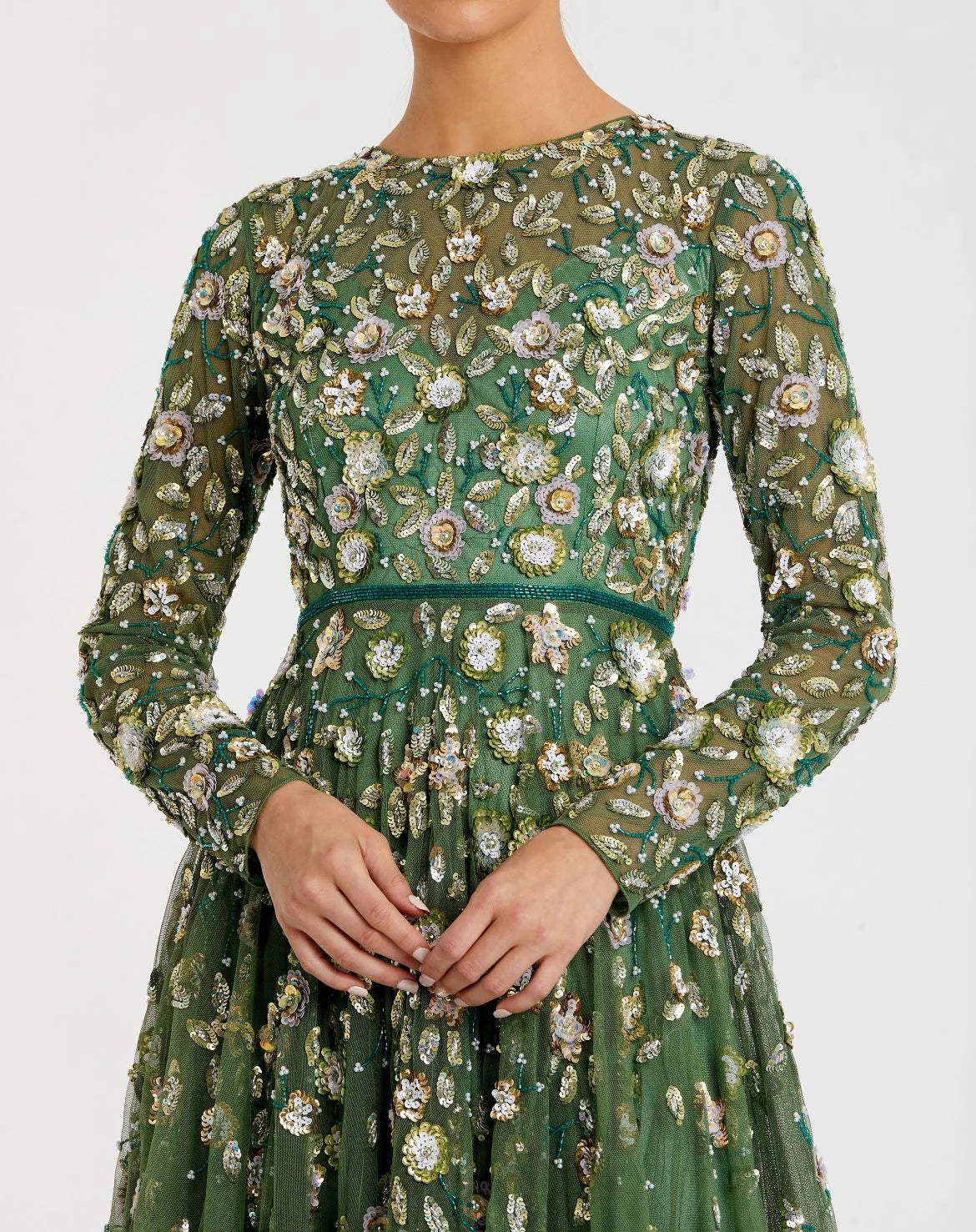 Ornamented High Neck Long Sleeve Gown Green