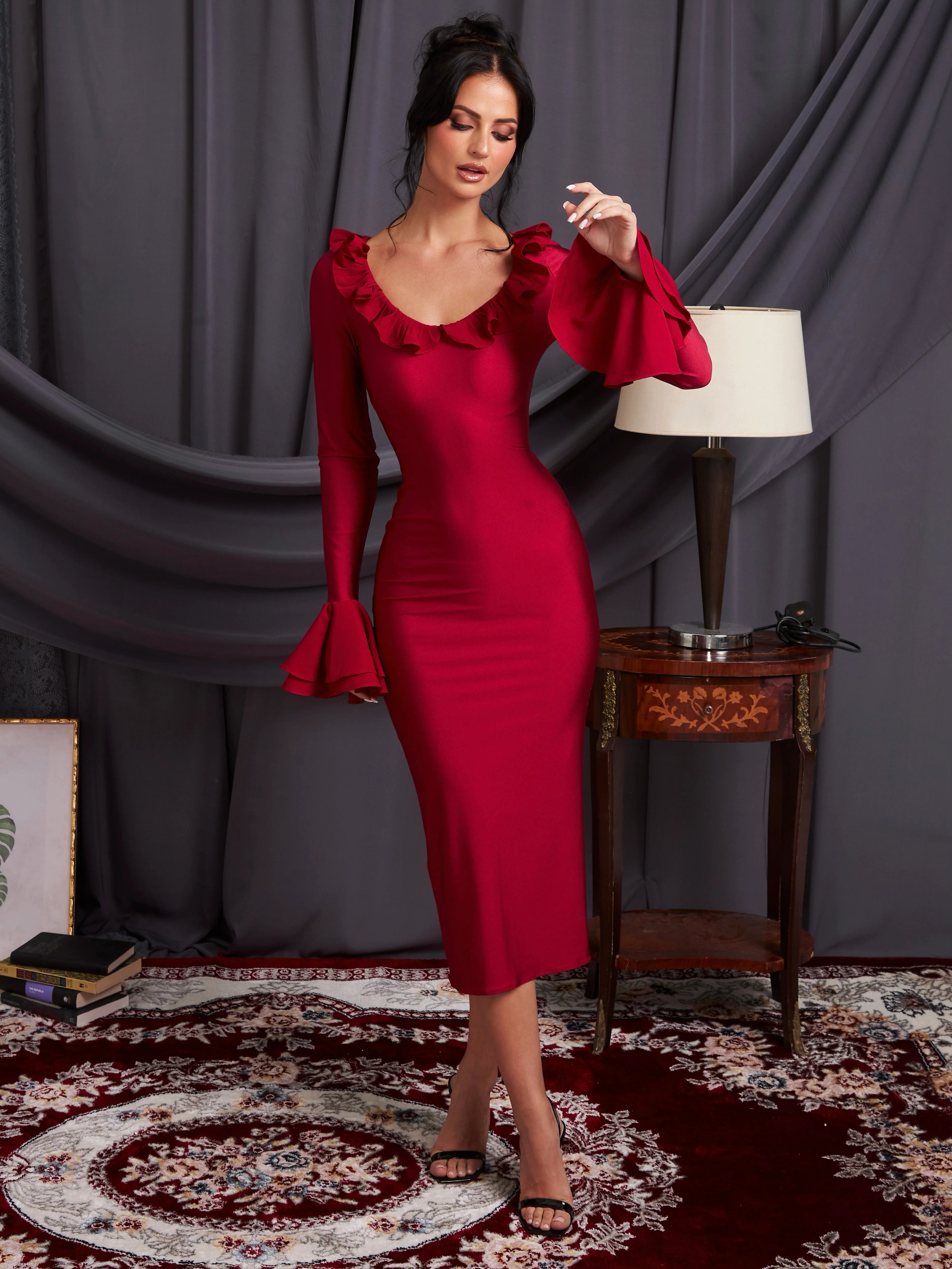 La Cascade Bell Sleeve Dress Cherry