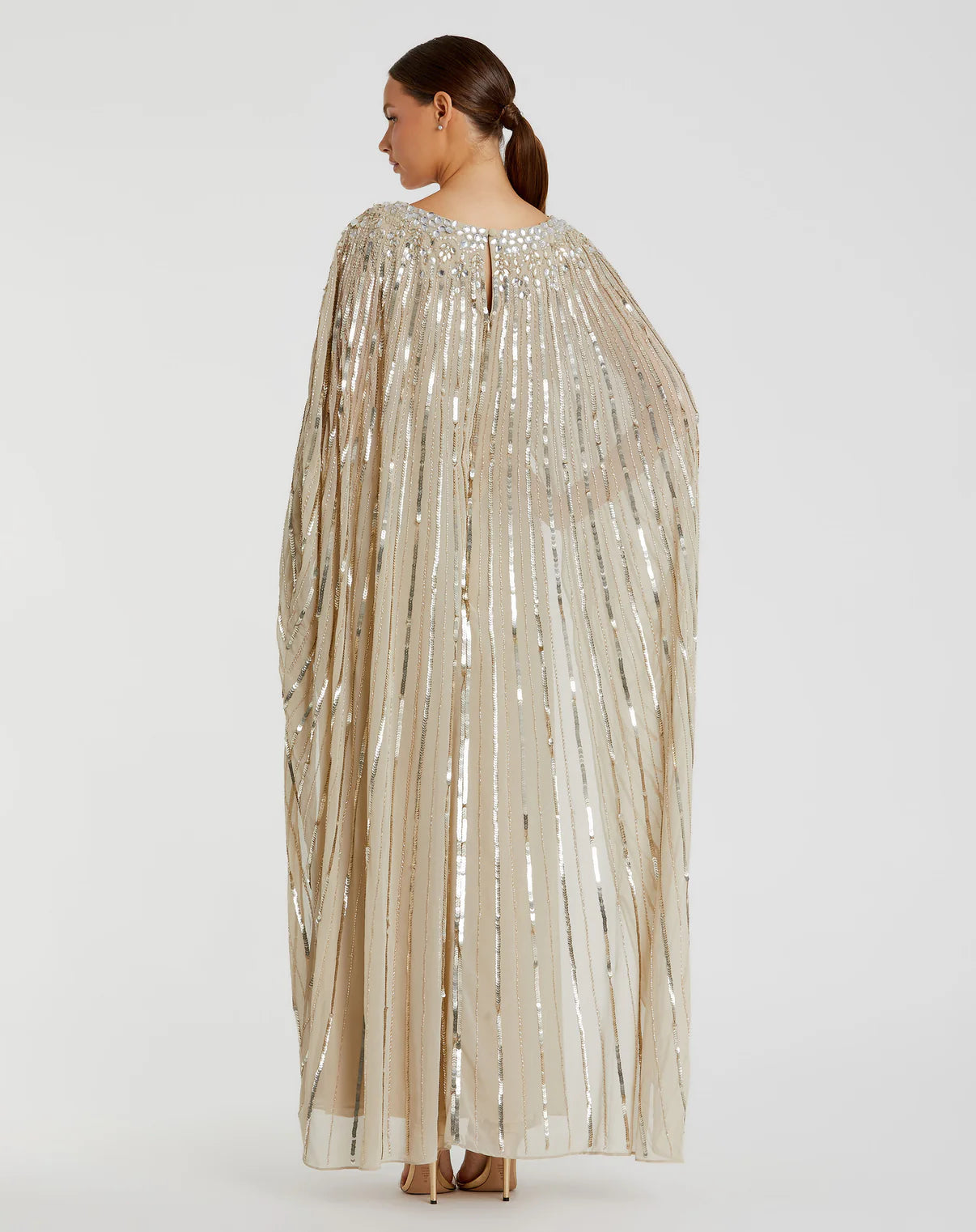 Crystallized Pleated Column Cape Gown Gold