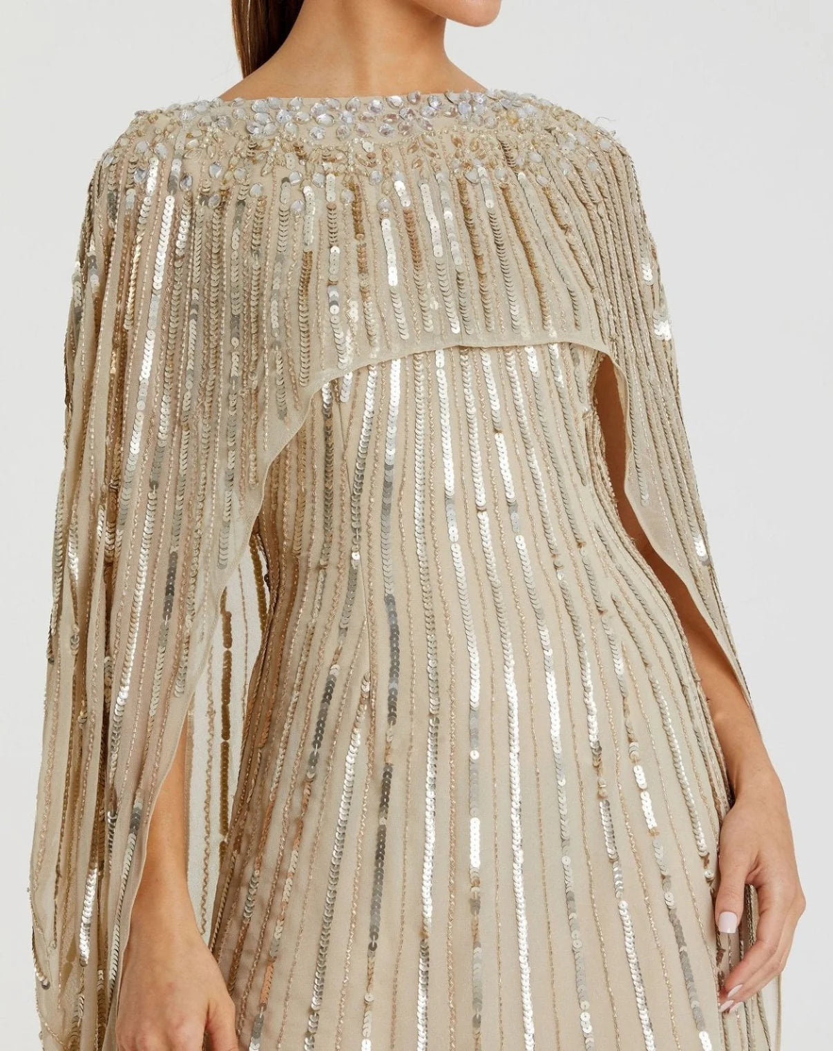 Crystallized Pleated Column Cape Gown Gold