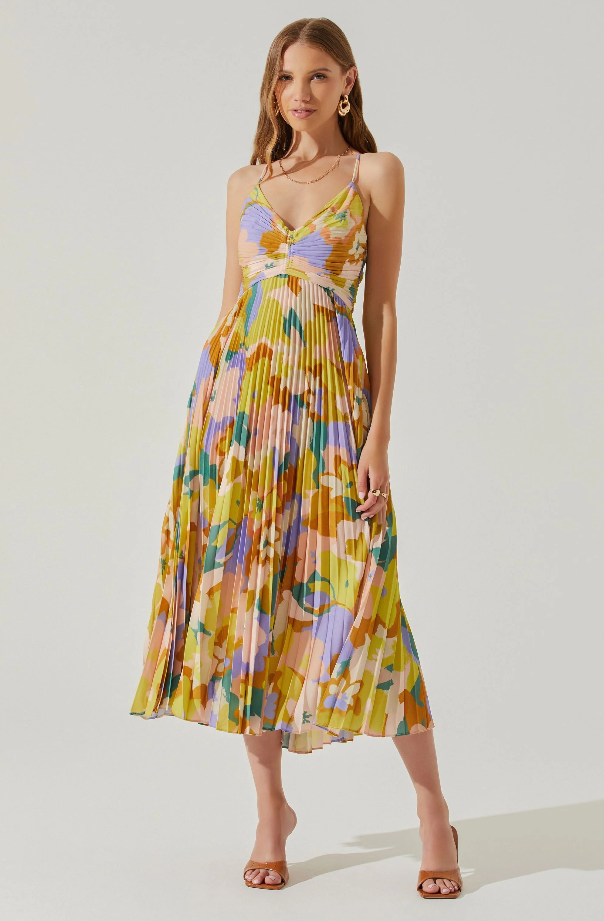 Sylviane Floral Plisse Midi Dress LIME RUST