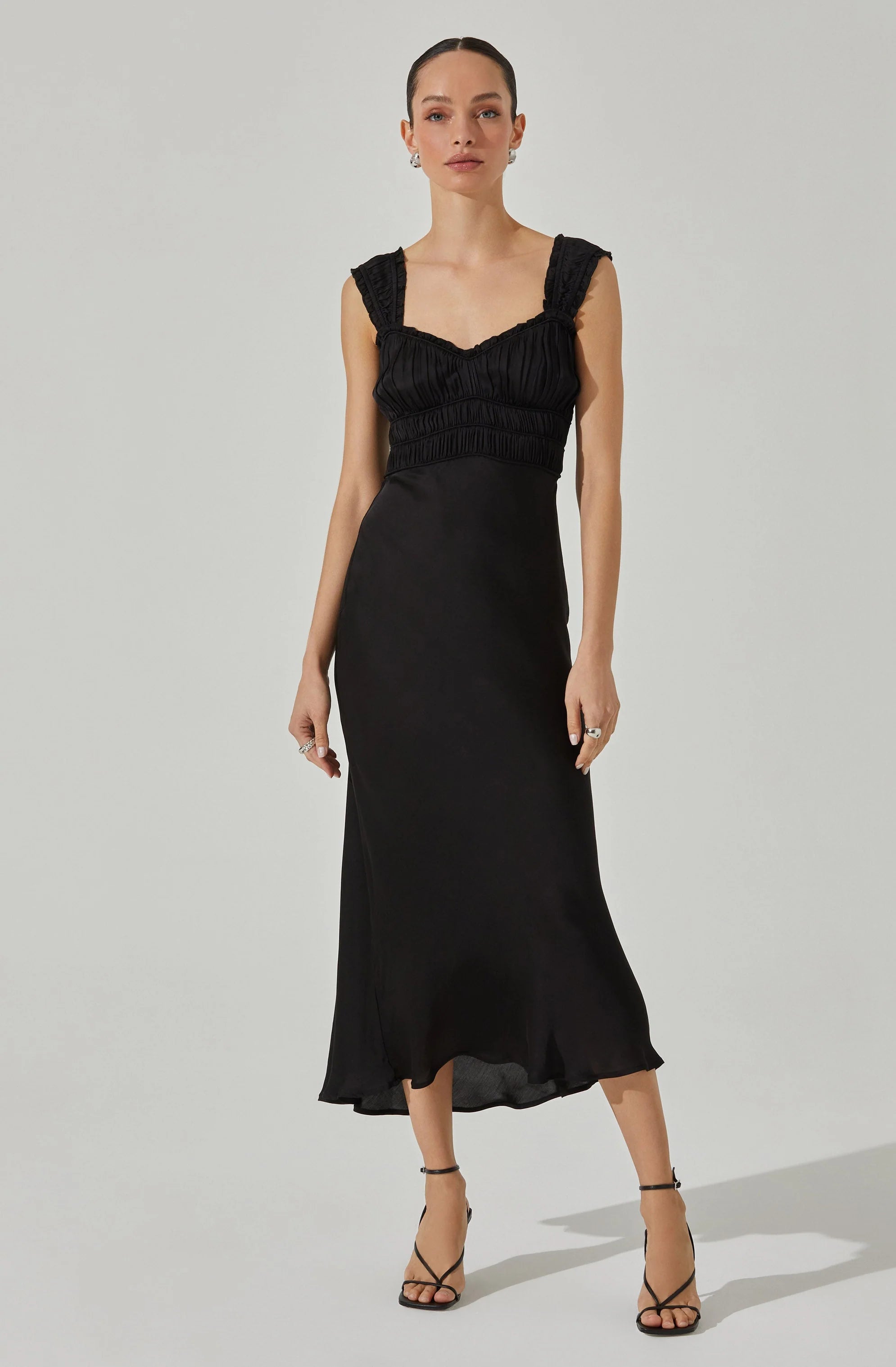 Zoé Satin Smocked Midi Dress BLACK