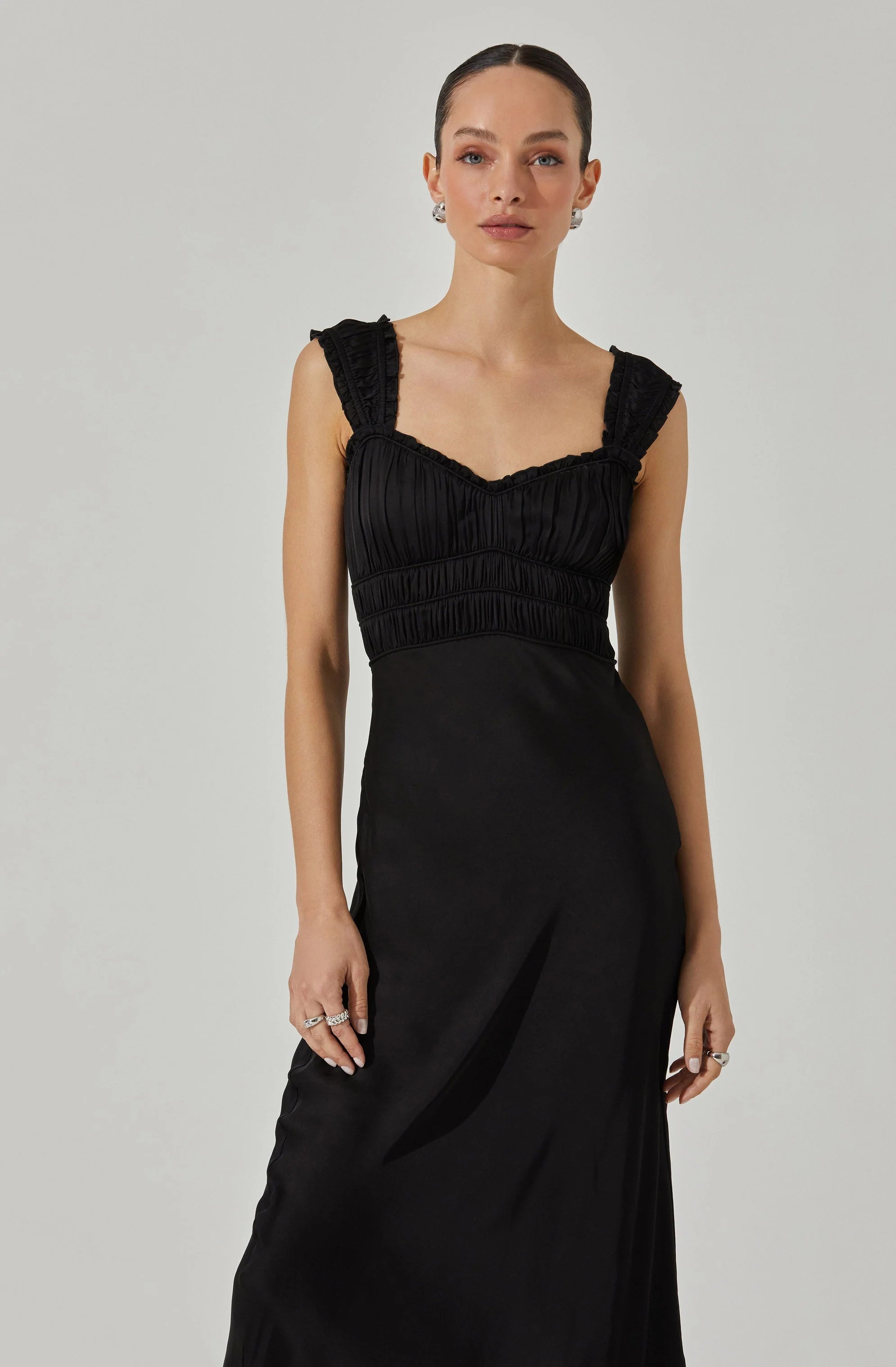 Zoé Satin Smocked Midi Dress BLACK