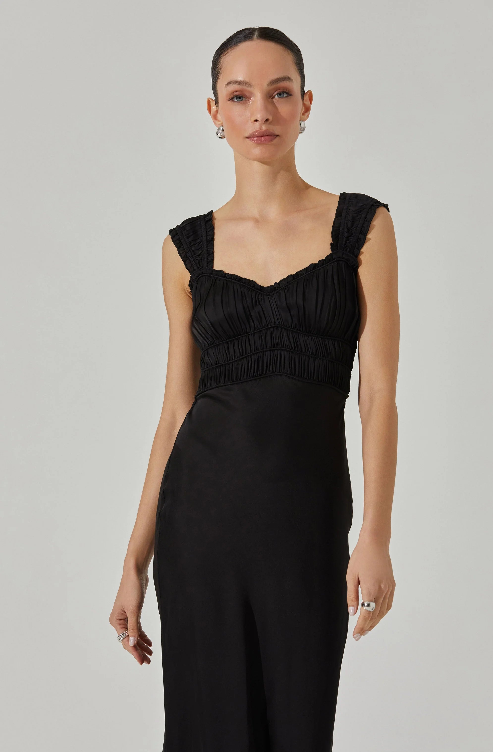 Zoé Satin Smocked Midi Dress BLACK