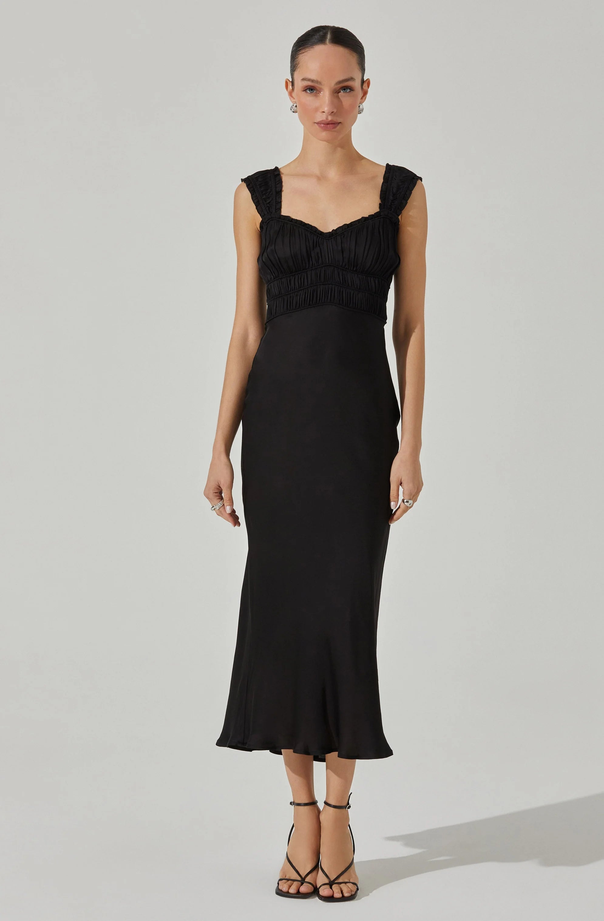 Zoé Satin Smocked Midi Dress BLACK