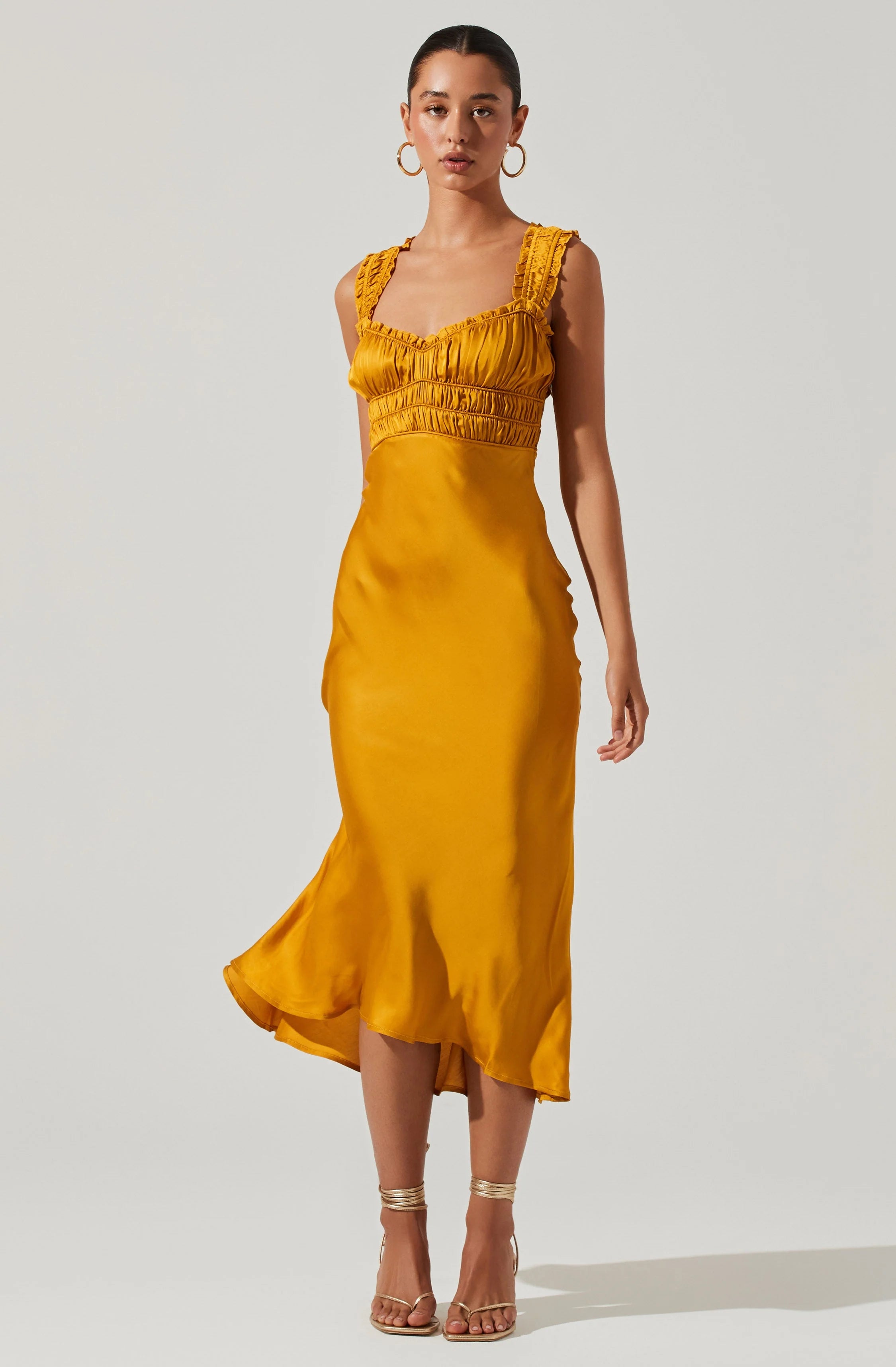 Zoé Satin Smocked Midi Dress MUSTARD