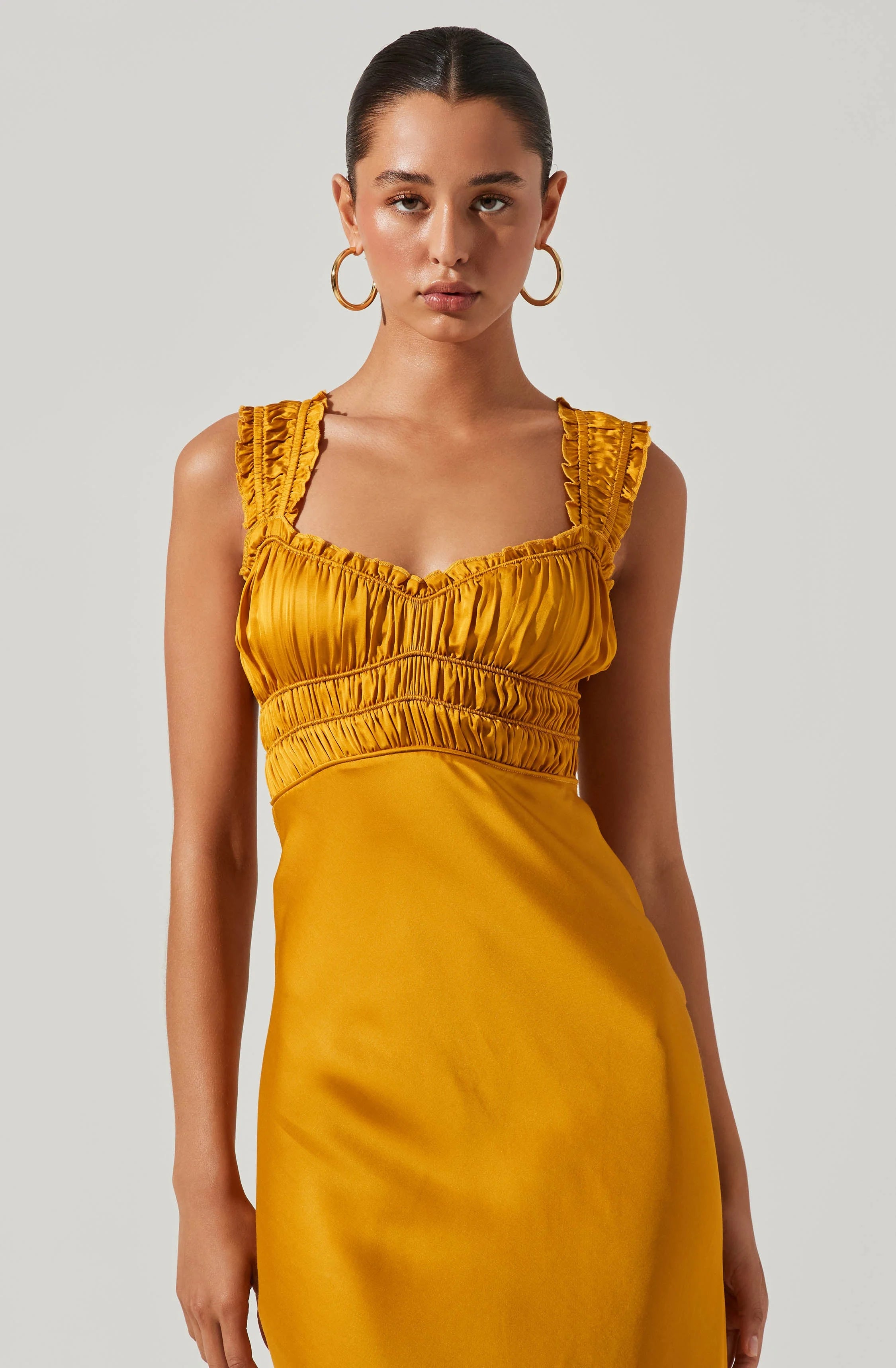 Zoé Satin Smocked Midi Dress MUSTARD