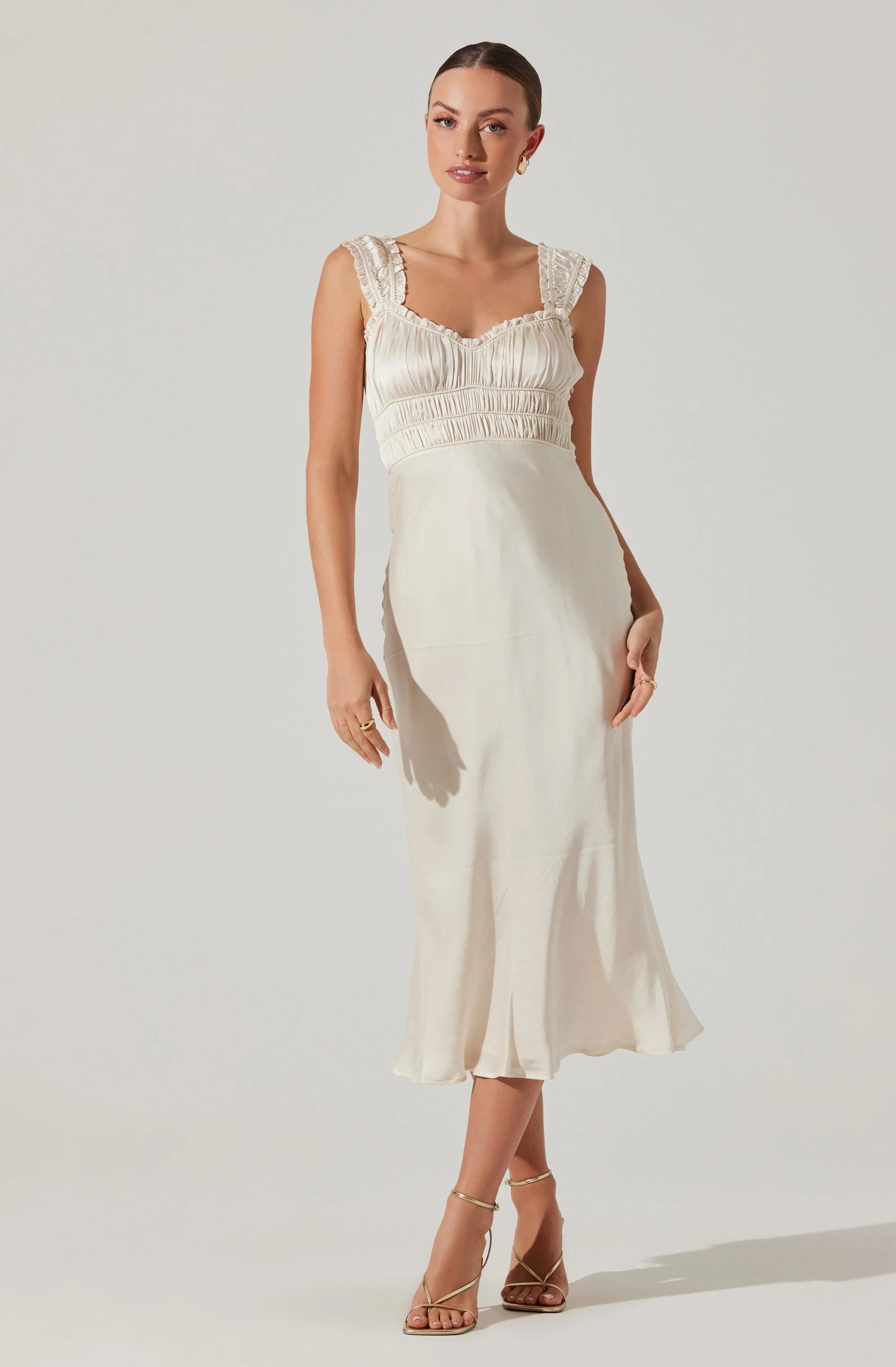 Zoé Satin Smocked Midi Dress OFF WHITE