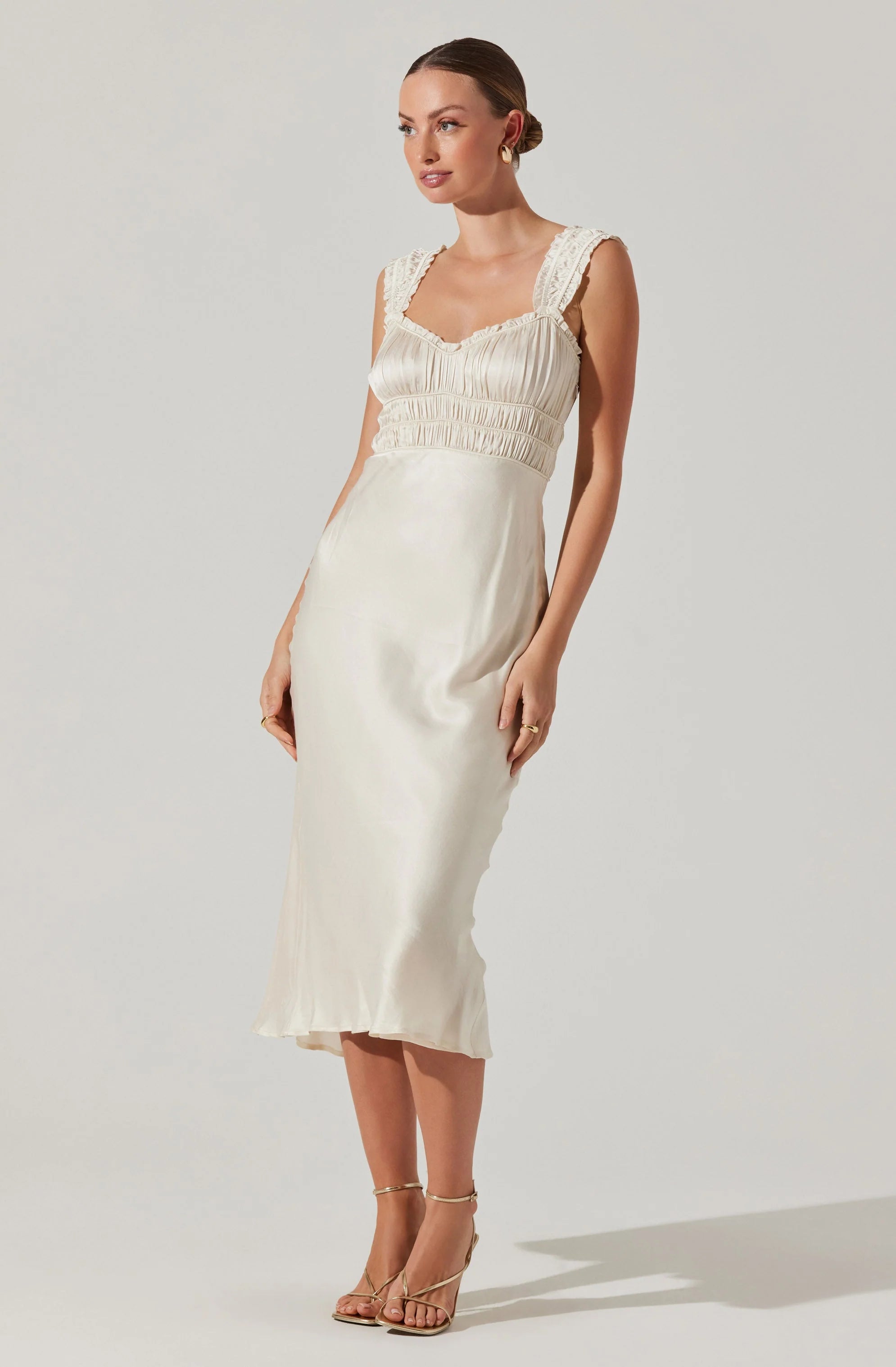 Zoé Satin Smocked Midi Dress OFF WHITE