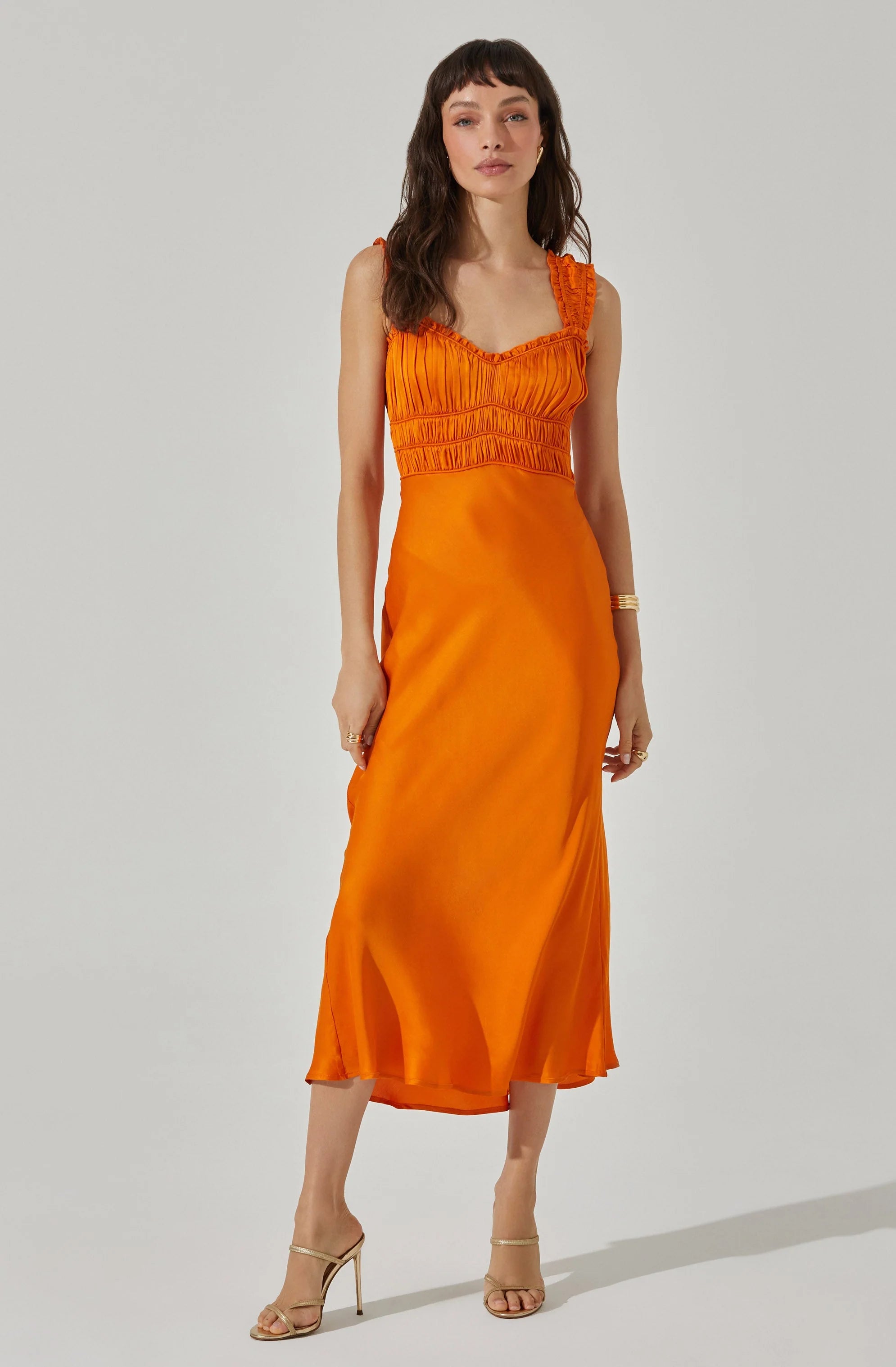 Zoé Satin Smocked Midi Dress ORANGE