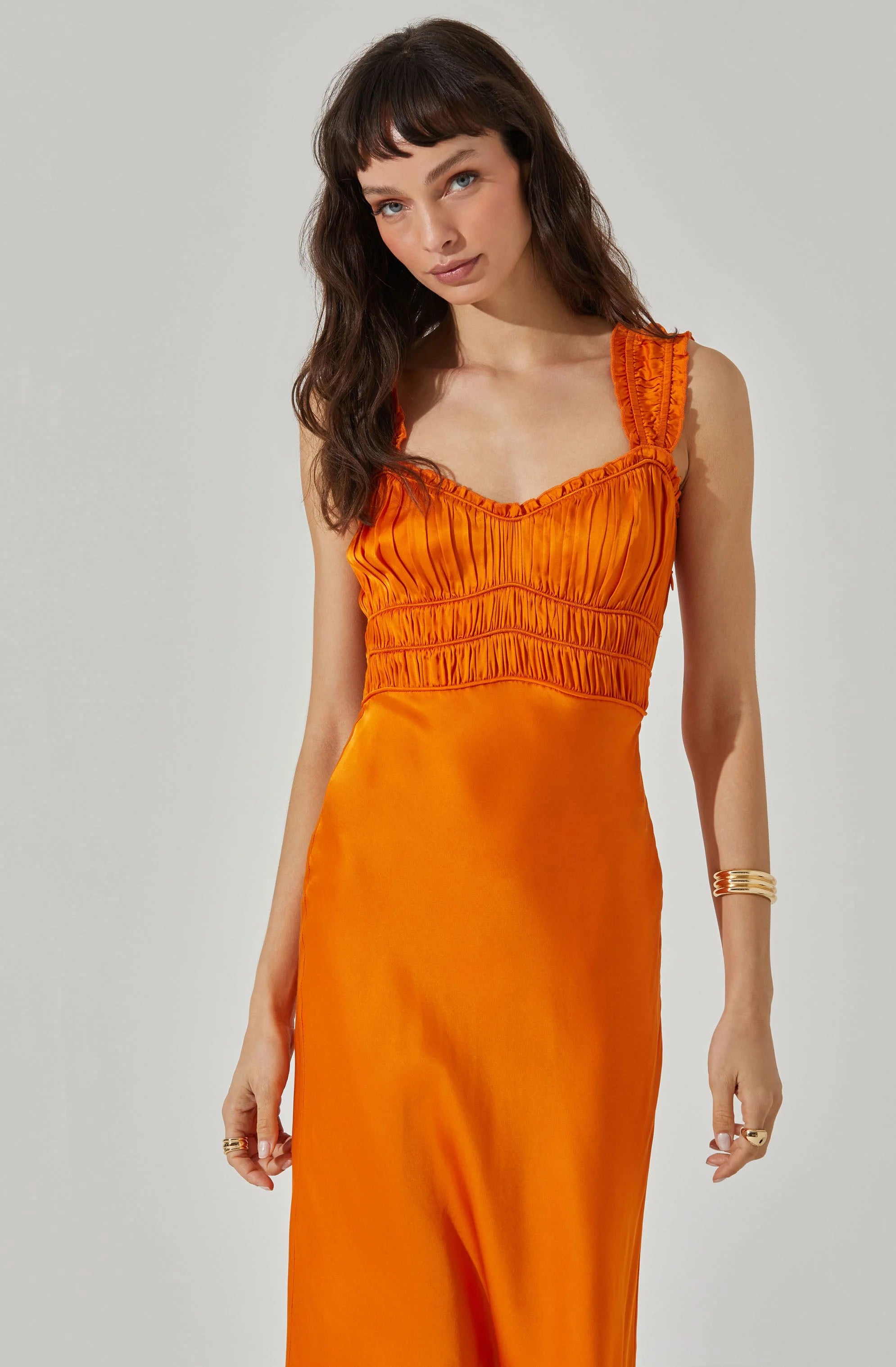 Zoé Satin Smocked Midi Dress ORANGE