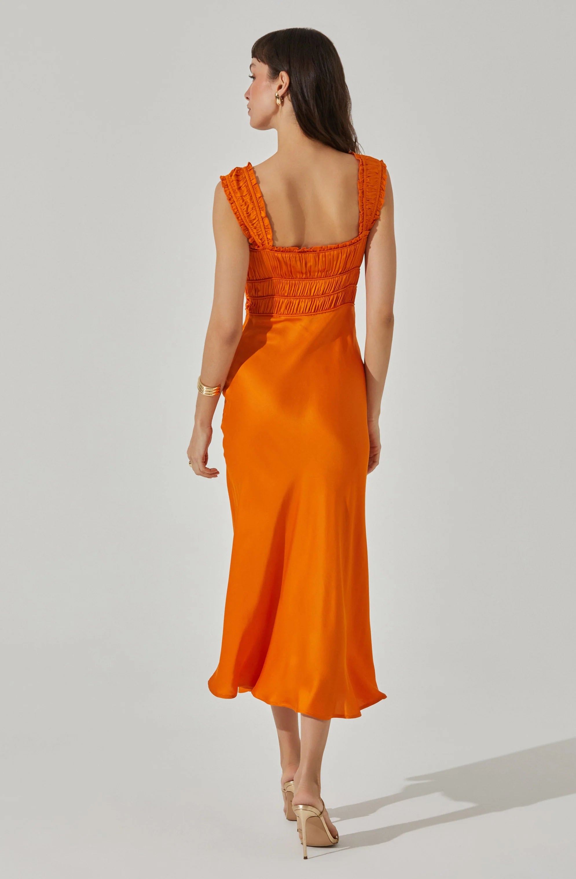 Zoé Satin Smocked Midi Dress ORANGE