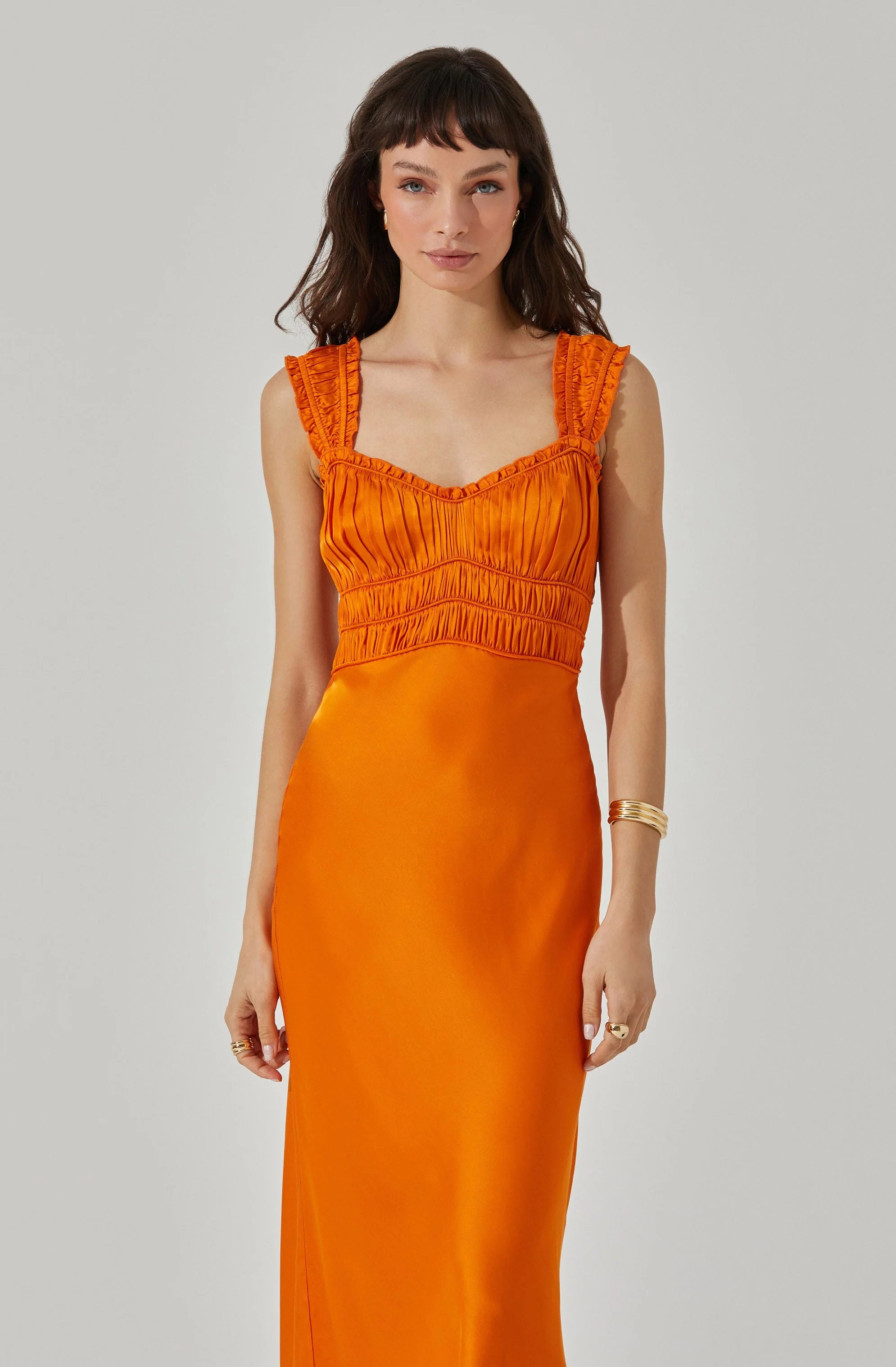 Zoé Satin Smocked Midi Dress ORANGE