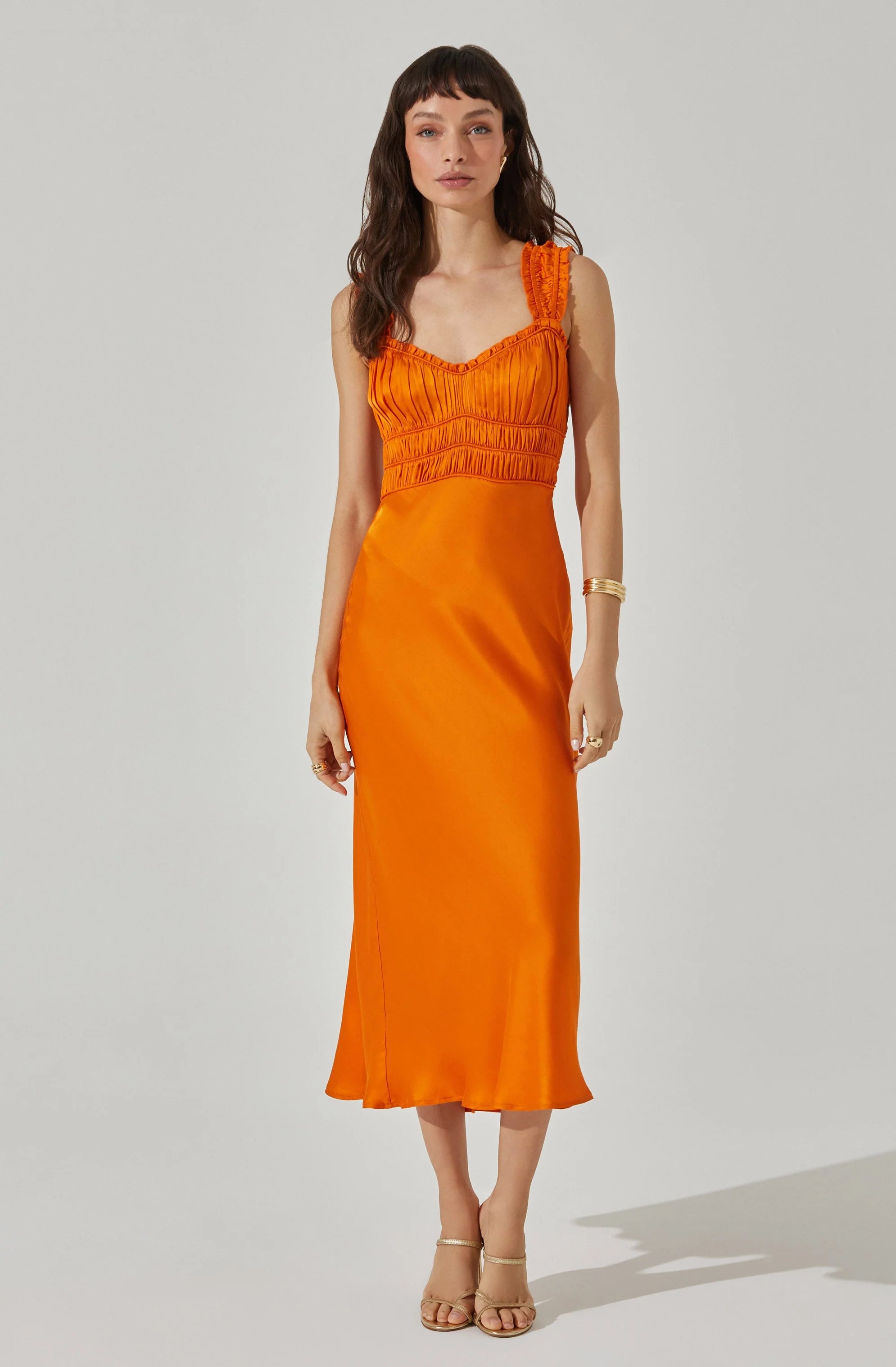 Zoé Satin Smocked Midi Dress ORANGE