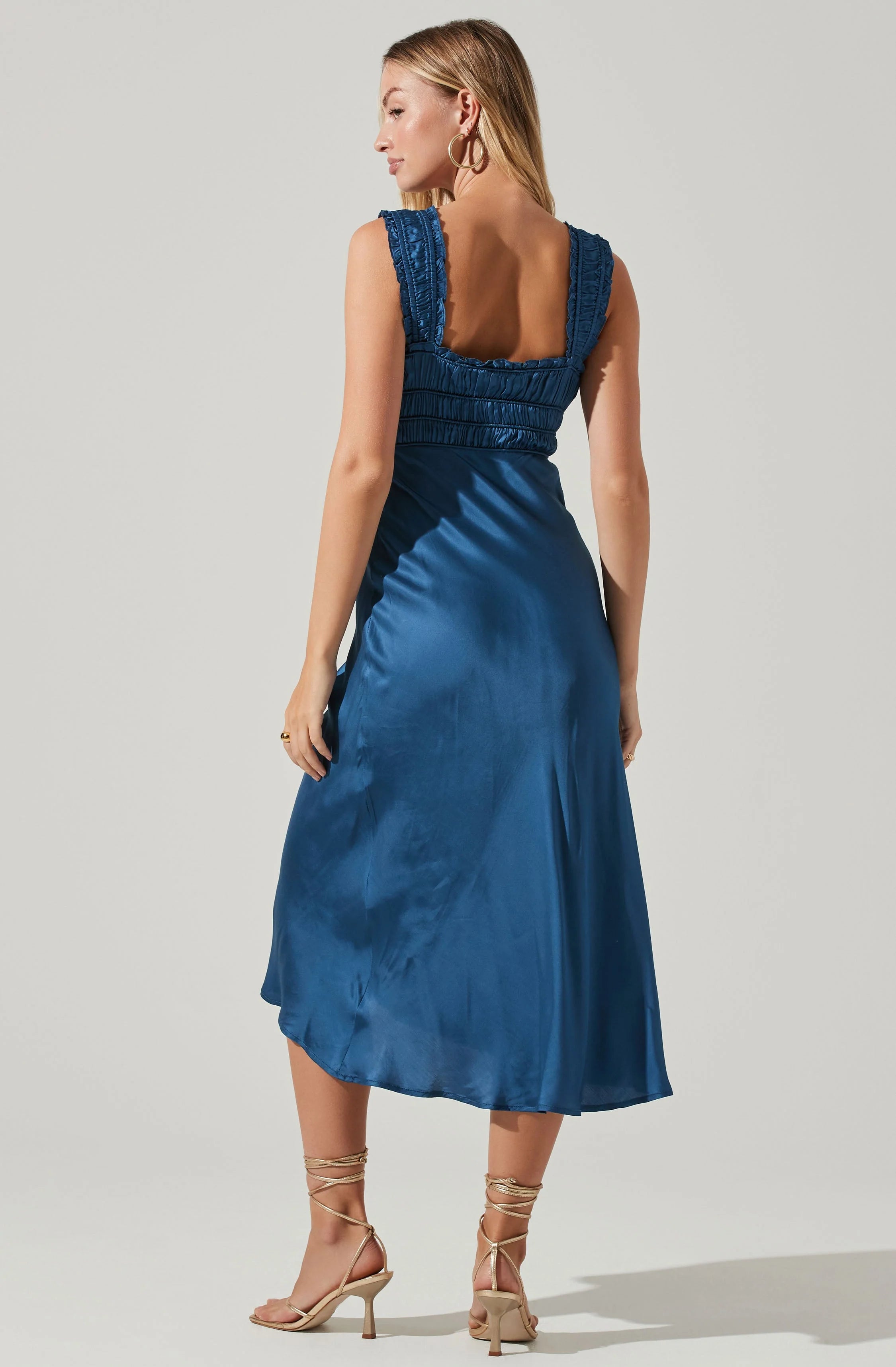 Zoé Satin Smocked Midi Dress SLATE BLUE