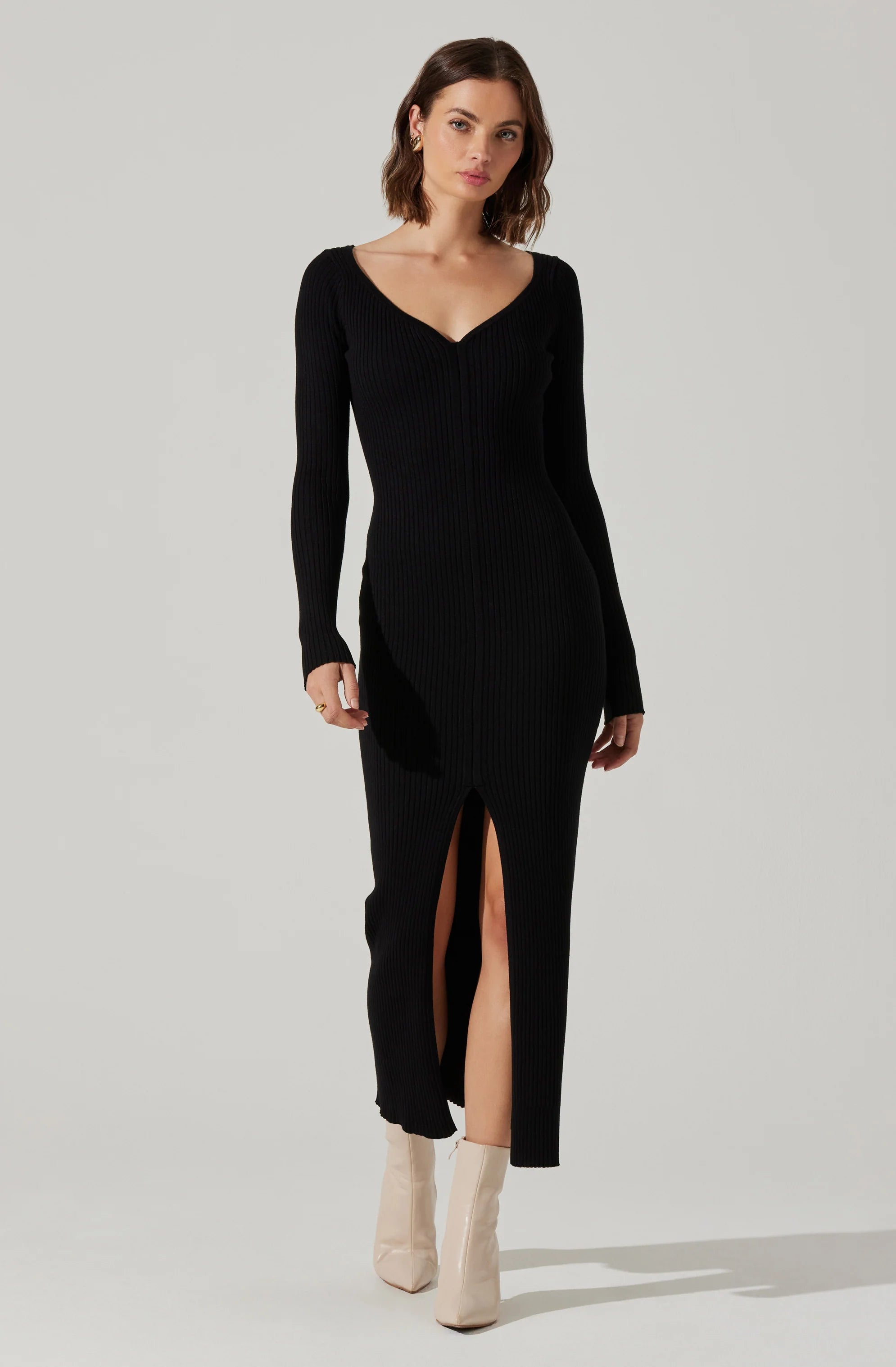 Maureen V-Neck Maxi Sweater Dress BLACK