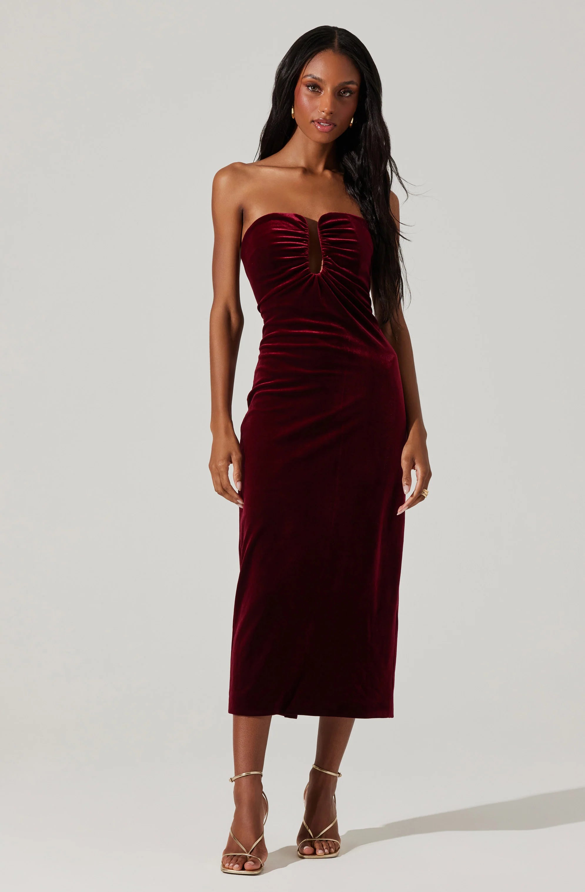 Adrienne Sweetheart Velvet Midi Dress WINE