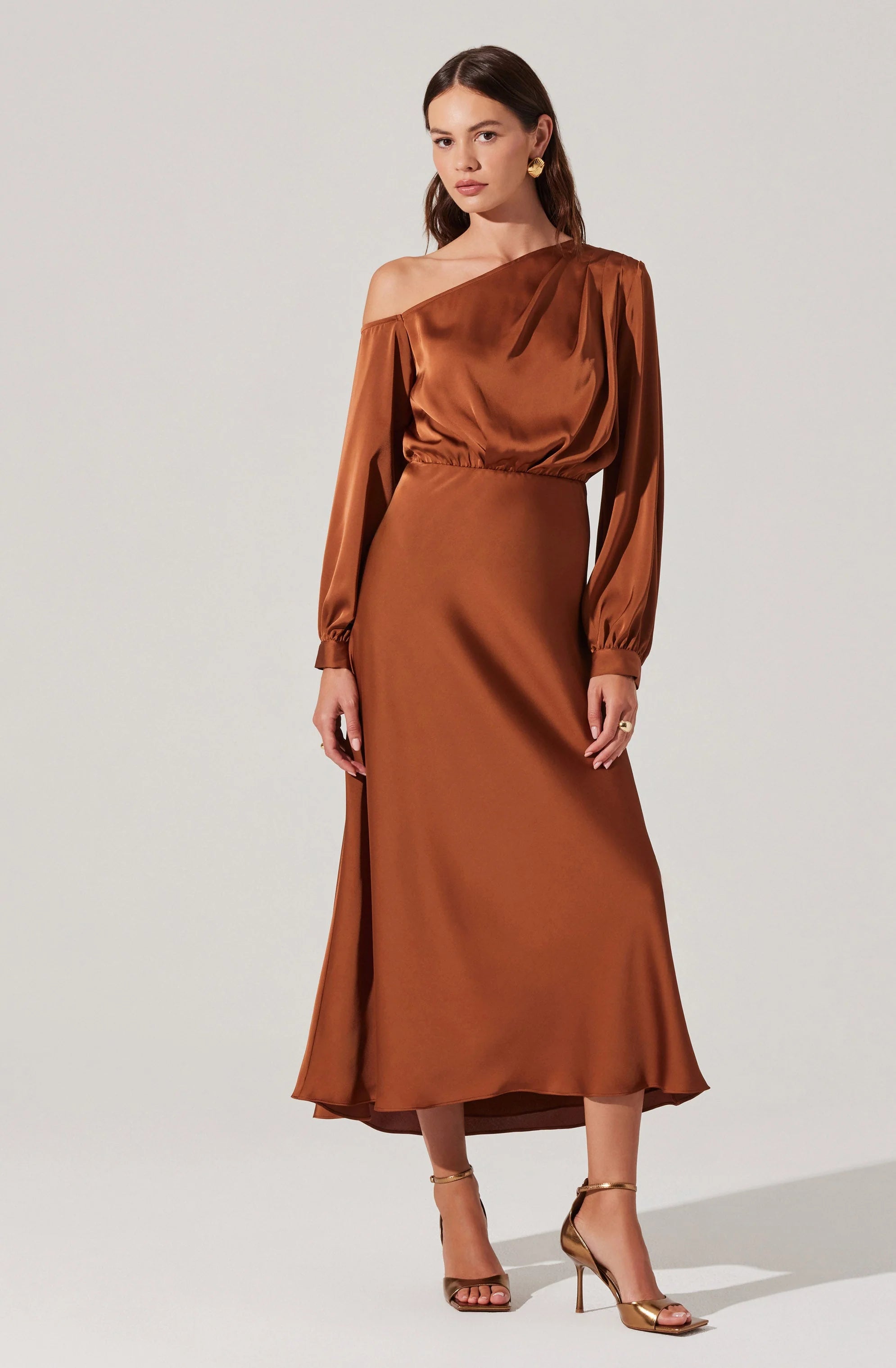 Eloise Satin Off Shoulder Dress COPPER