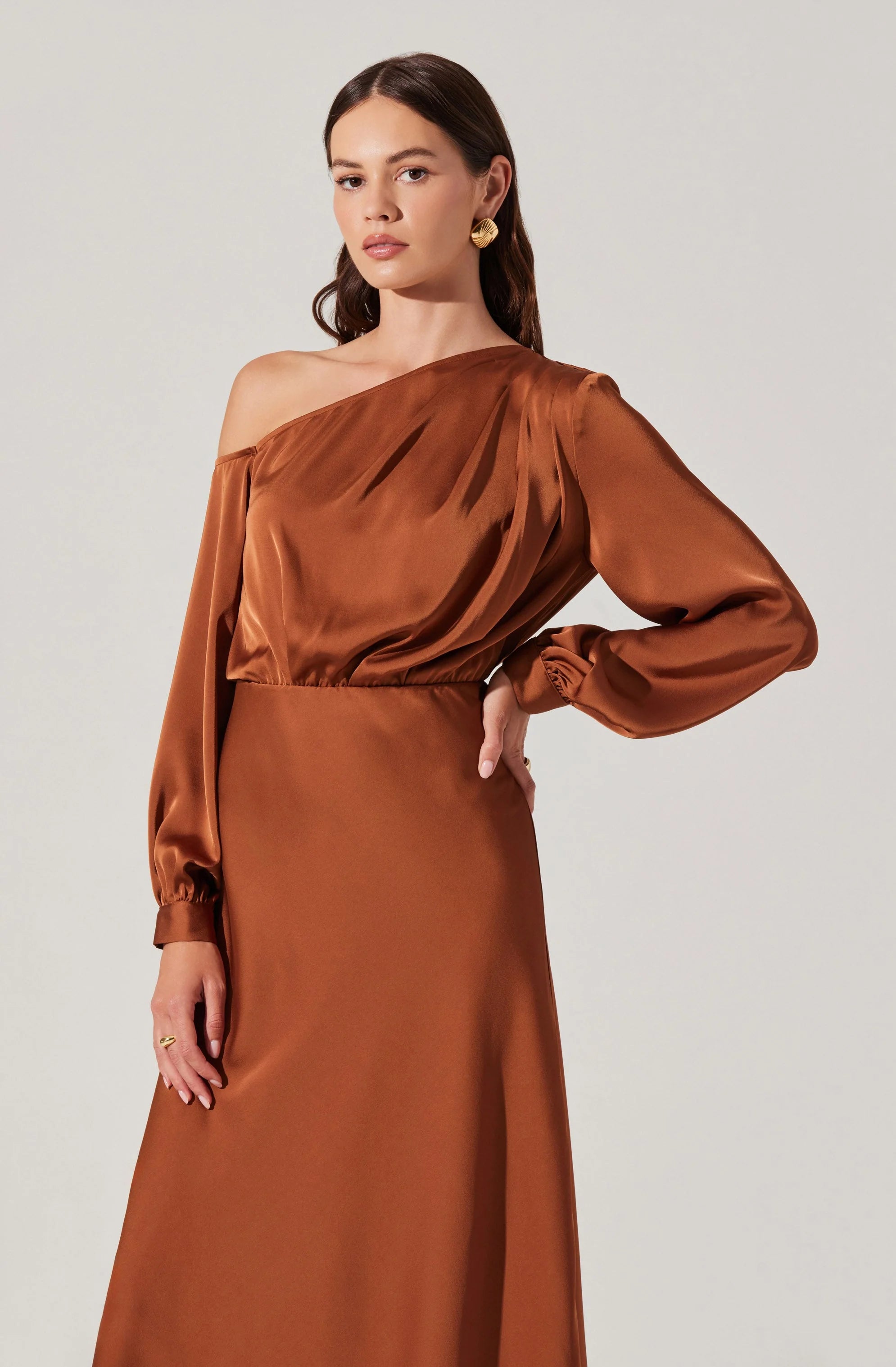 Eloise Satin Off Shoulder Dress COPPER