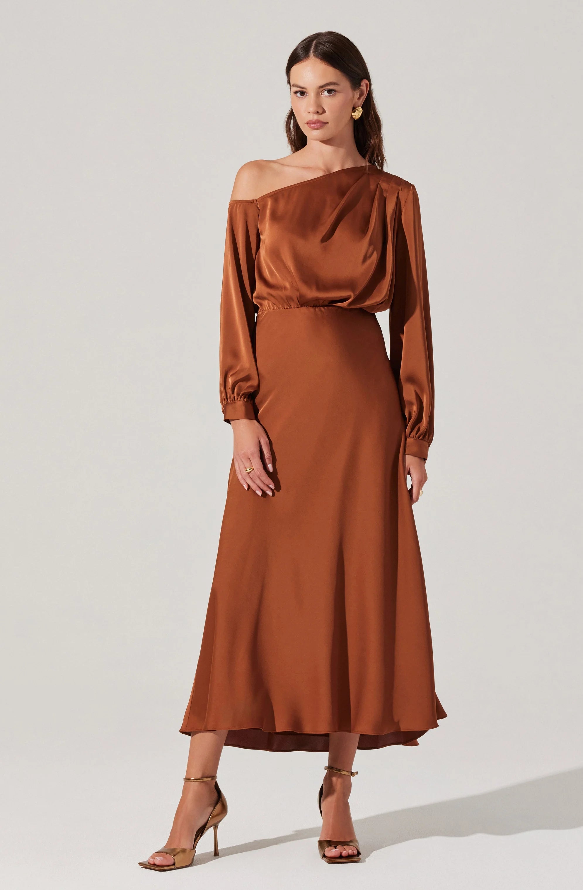 Eloise Satin Off Shoulder Dress COPPER