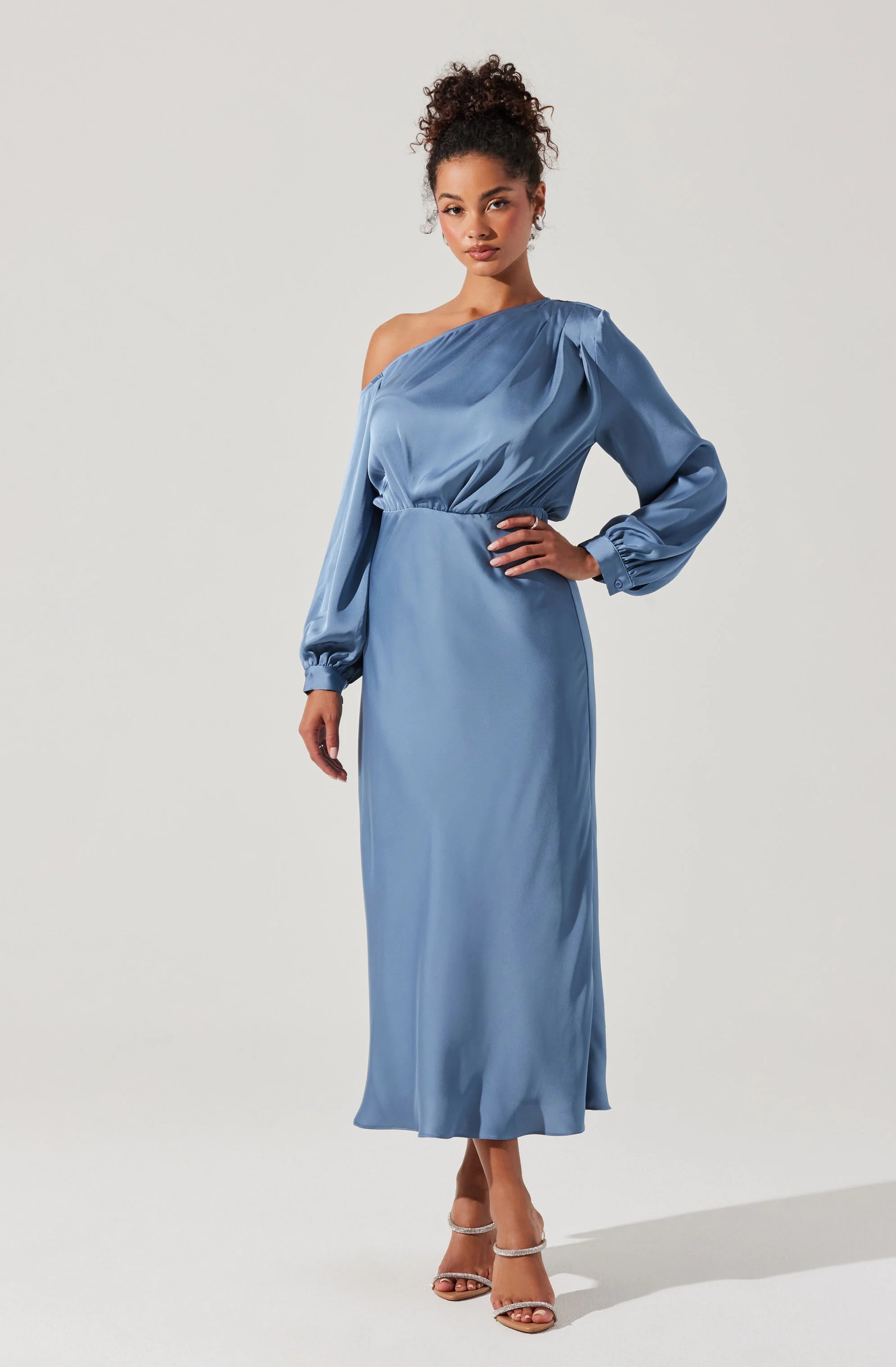 Eloise Satin Off Shoulder Dress SLATE BLUE