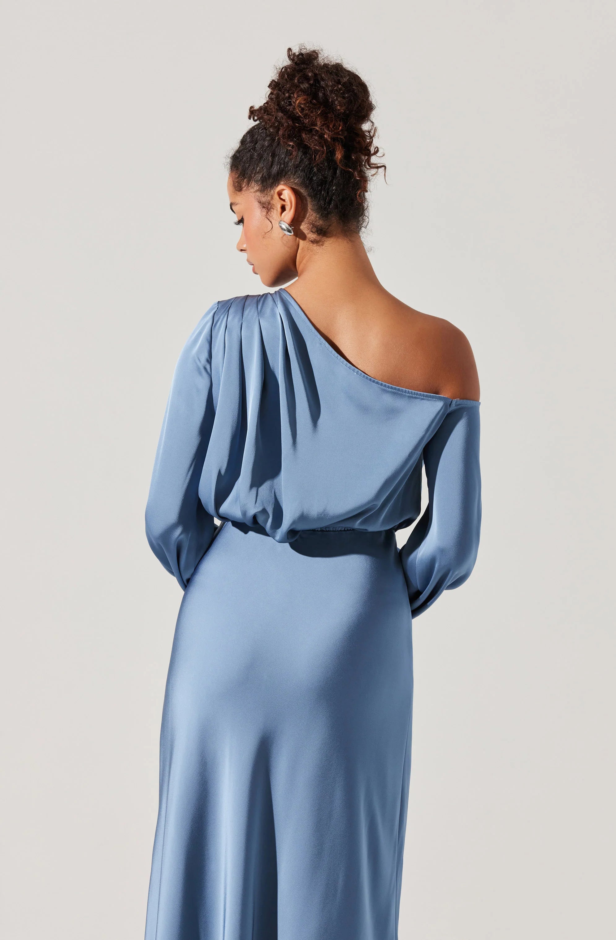 Eloise Satin Off Shoulder Dress SLATE BLUE