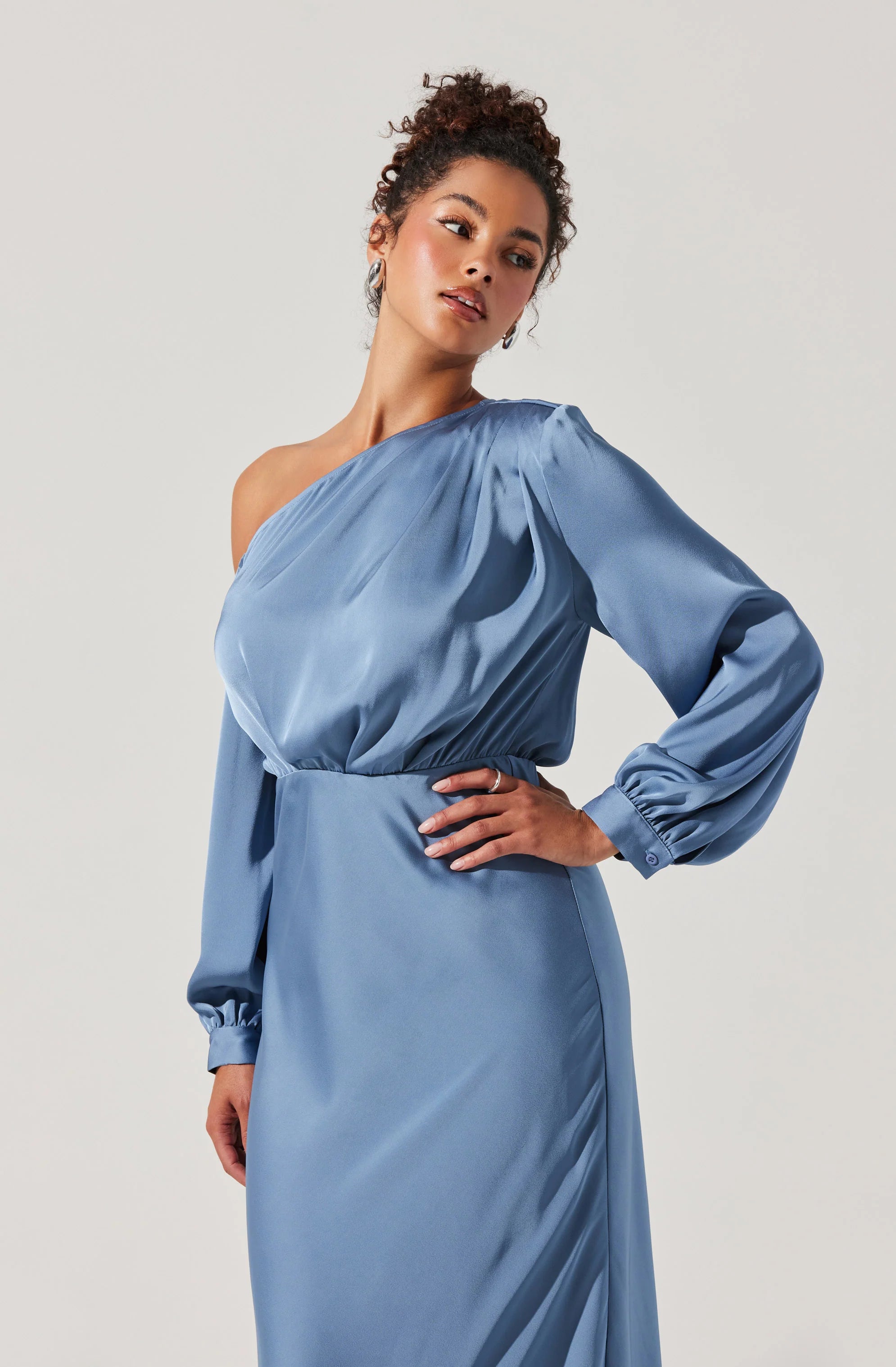 Eloise Satin Off Shoulder Dress SLATE BLUE