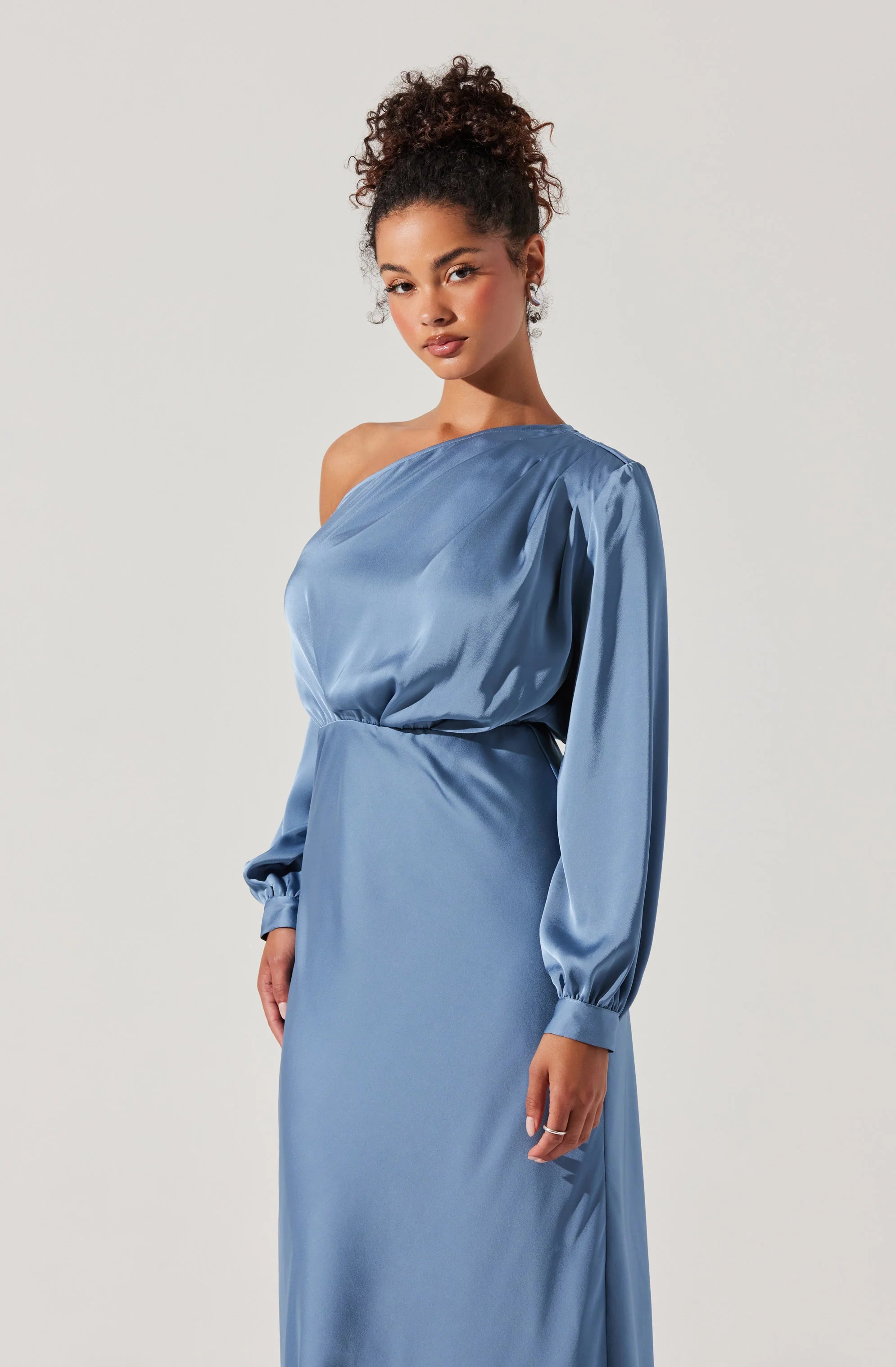 Eloise Satin Off Shoulder Dress SLATE BLUE