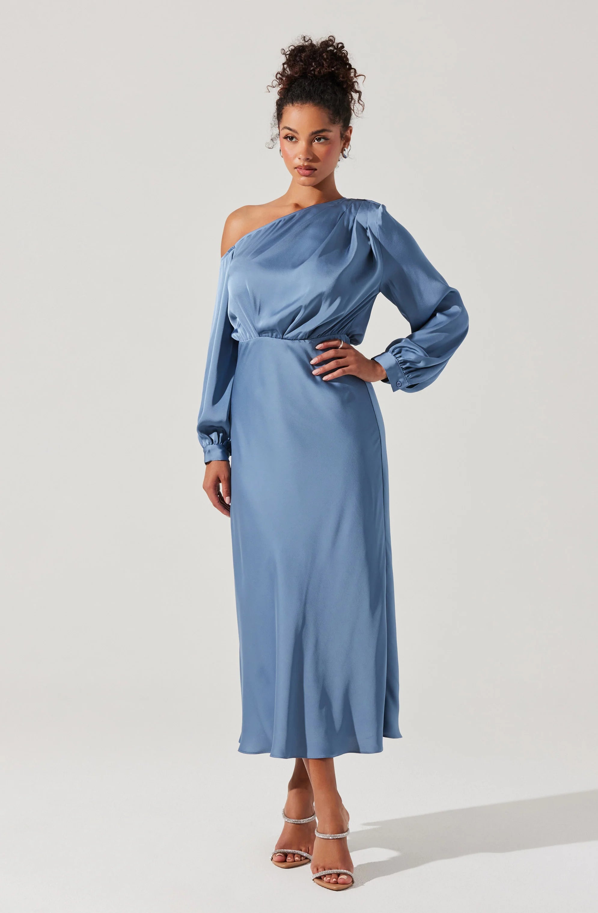 Eloise Satin Off Shoulder Dress SLATE BLUE