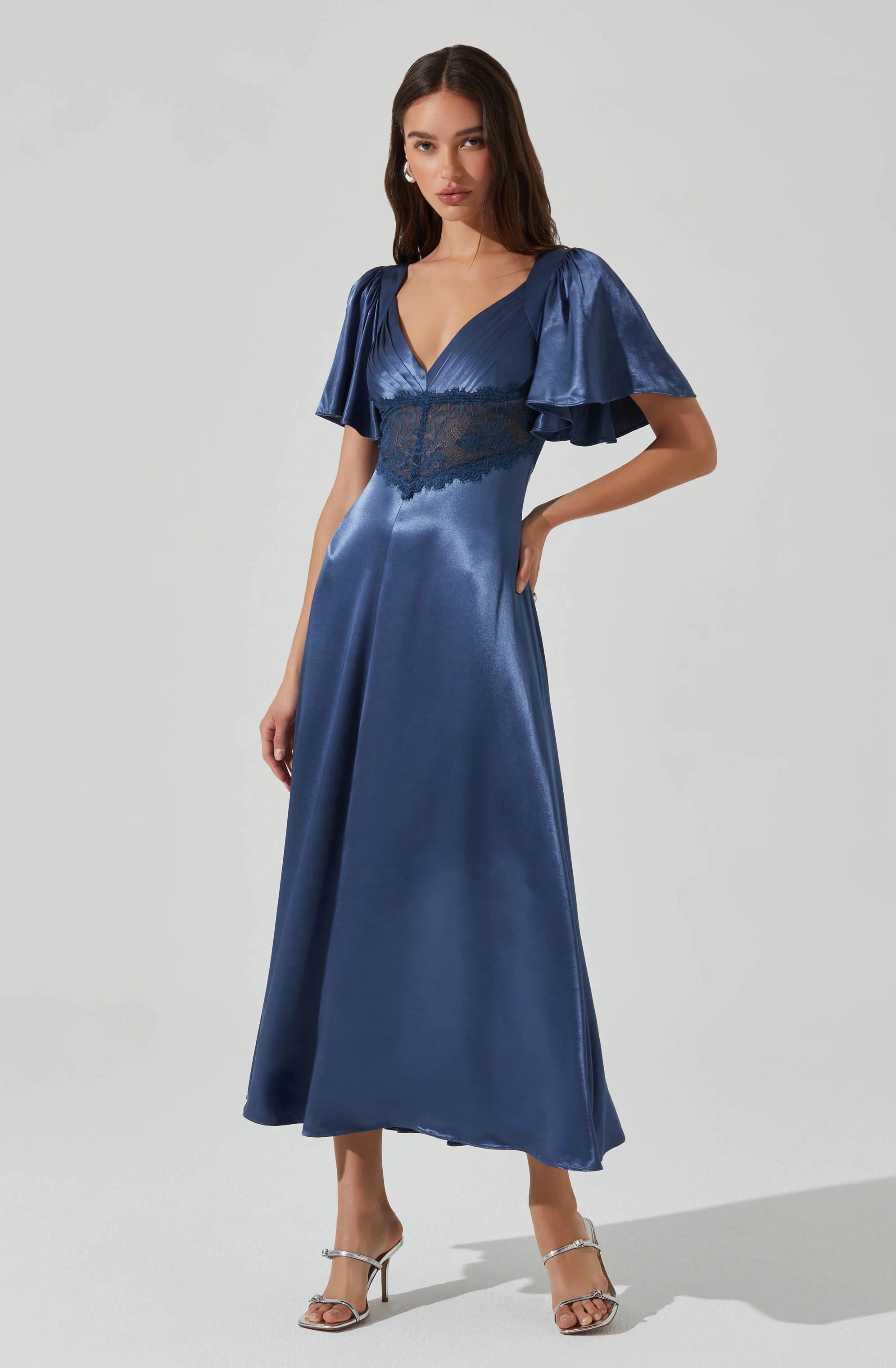 Clarisse Satin V-Neck Midi Dress SLATE BLUE