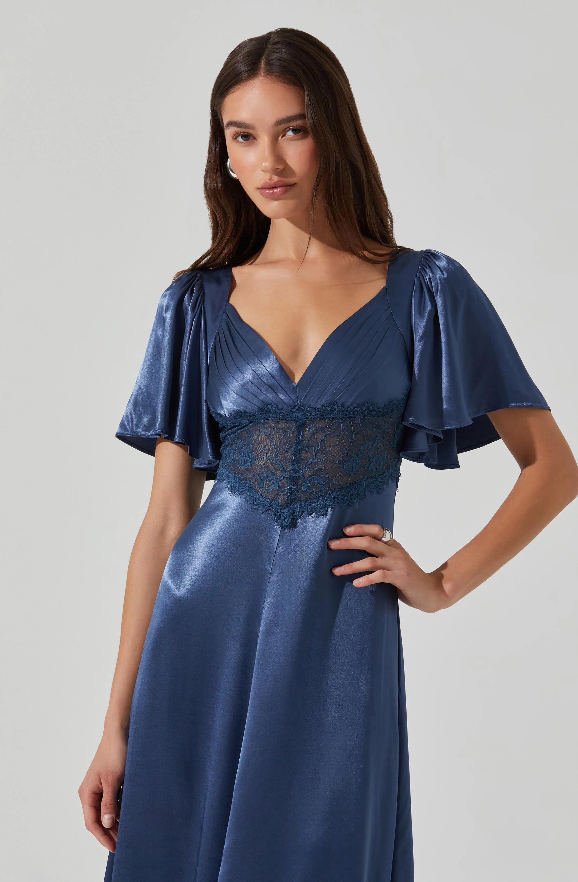 Clarisse Satin V-Neck Midi Dress SLATE BLUE