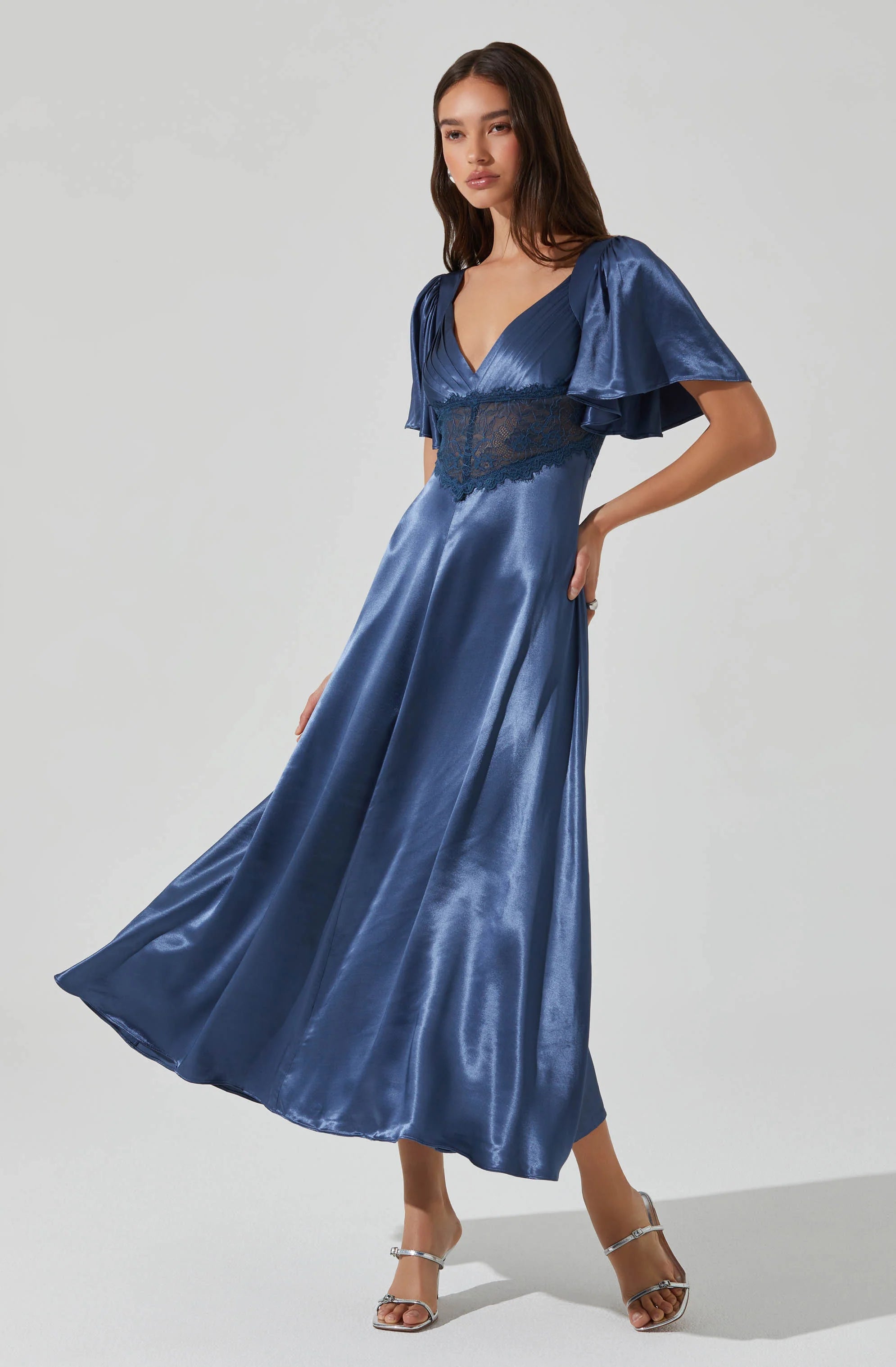 Clarisse Satin V-Neck Midi Dress SLATE BLUE