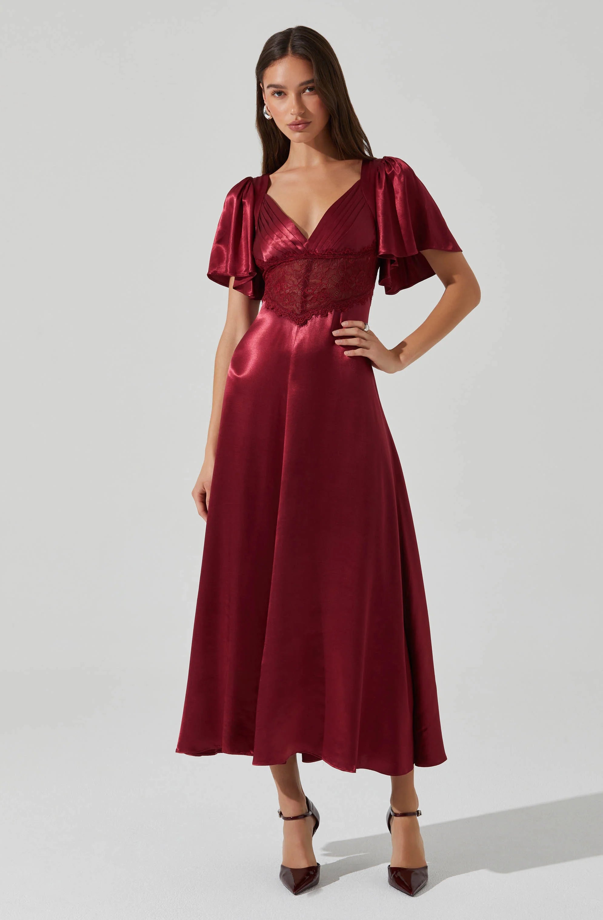 Clarisse Satin V-Neck Midi Dress WINE