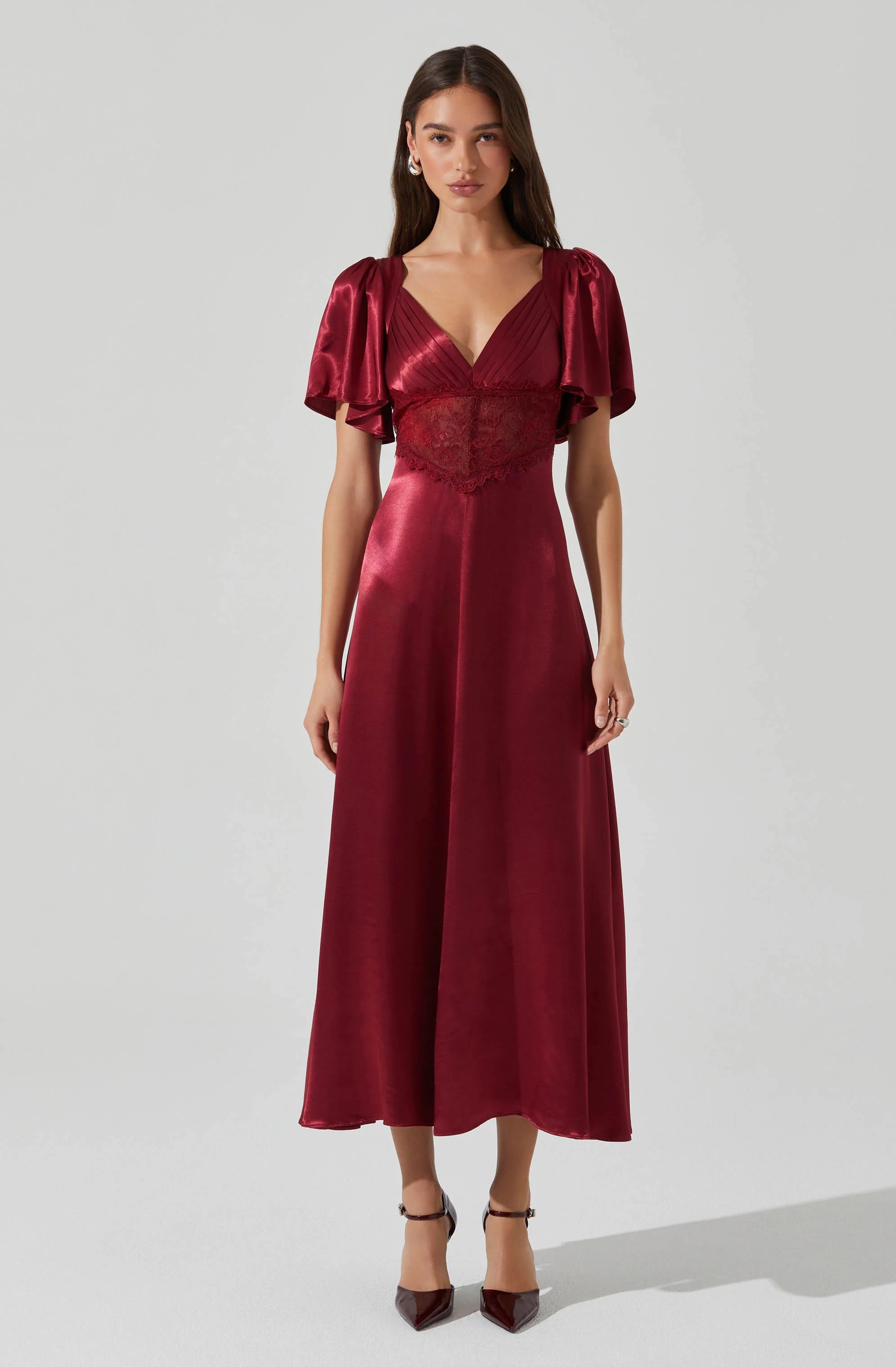 Clarisse Satin V-Neck Midi Dress WINE