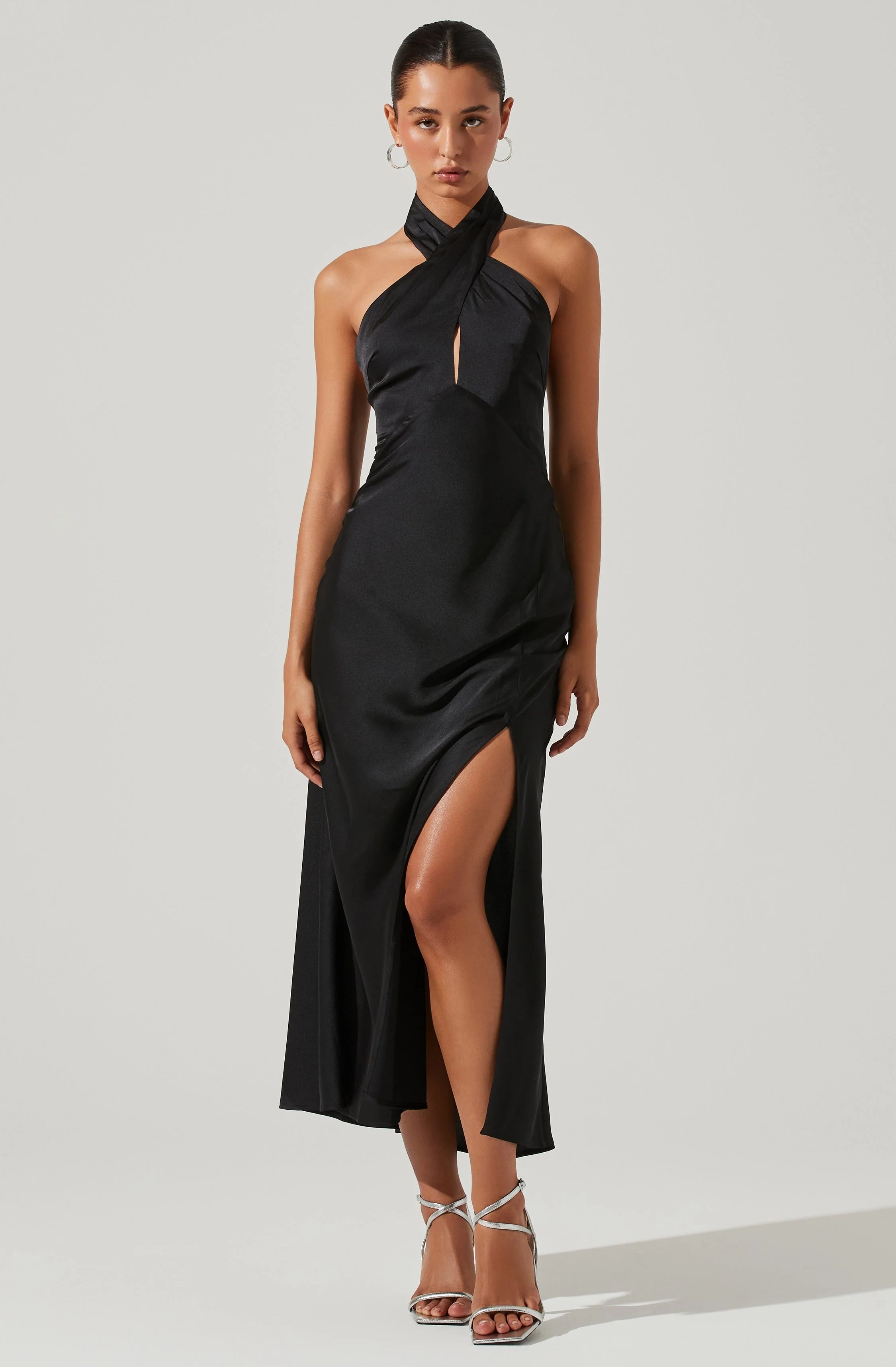 Caprice Satin Halter Neck Midi Dress BLACK